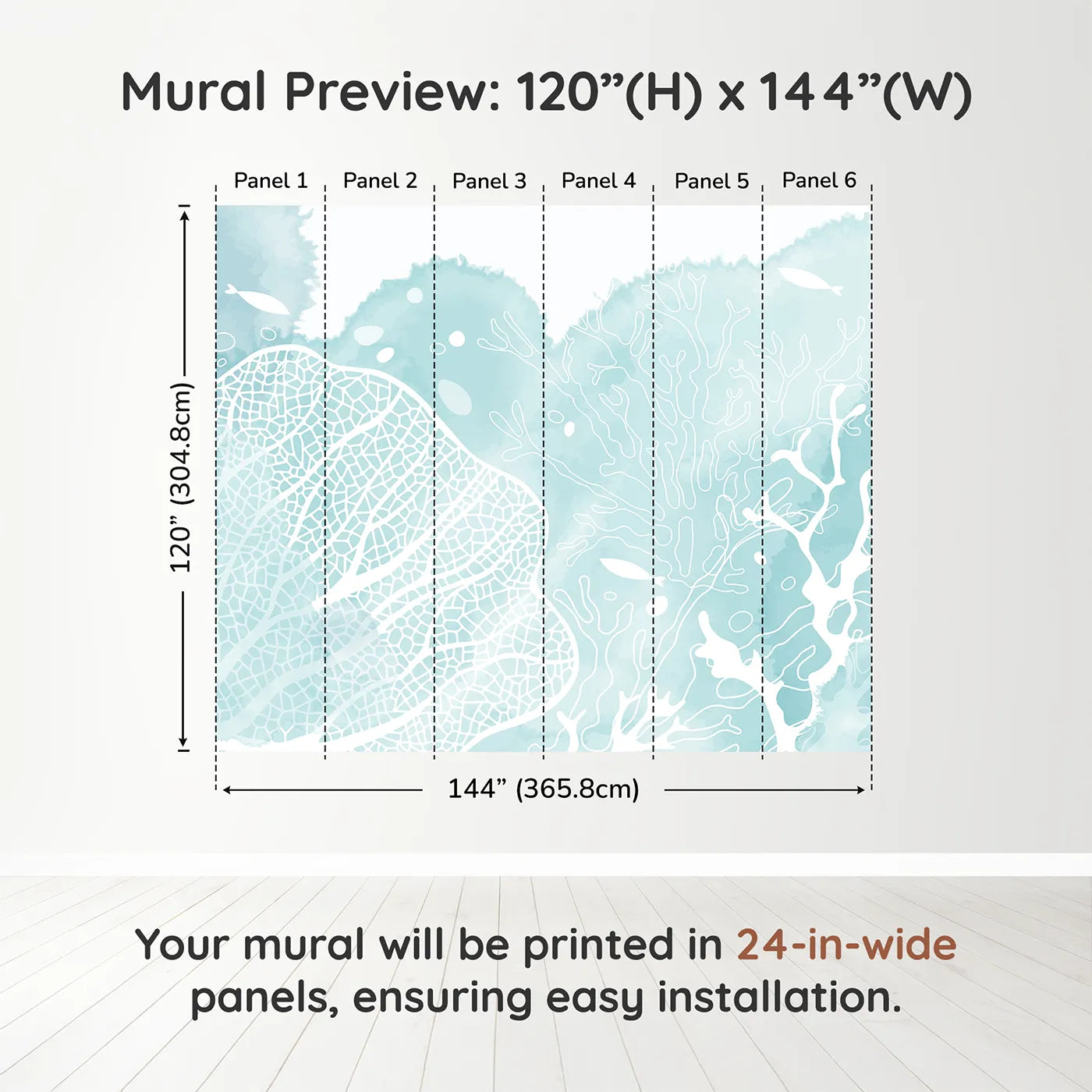 Whimsy Tots Teal Coral Reef Wall Muraldimension view (120" H x 144" W). Printed in six 24-inch-wide panels. Gender-Neutral