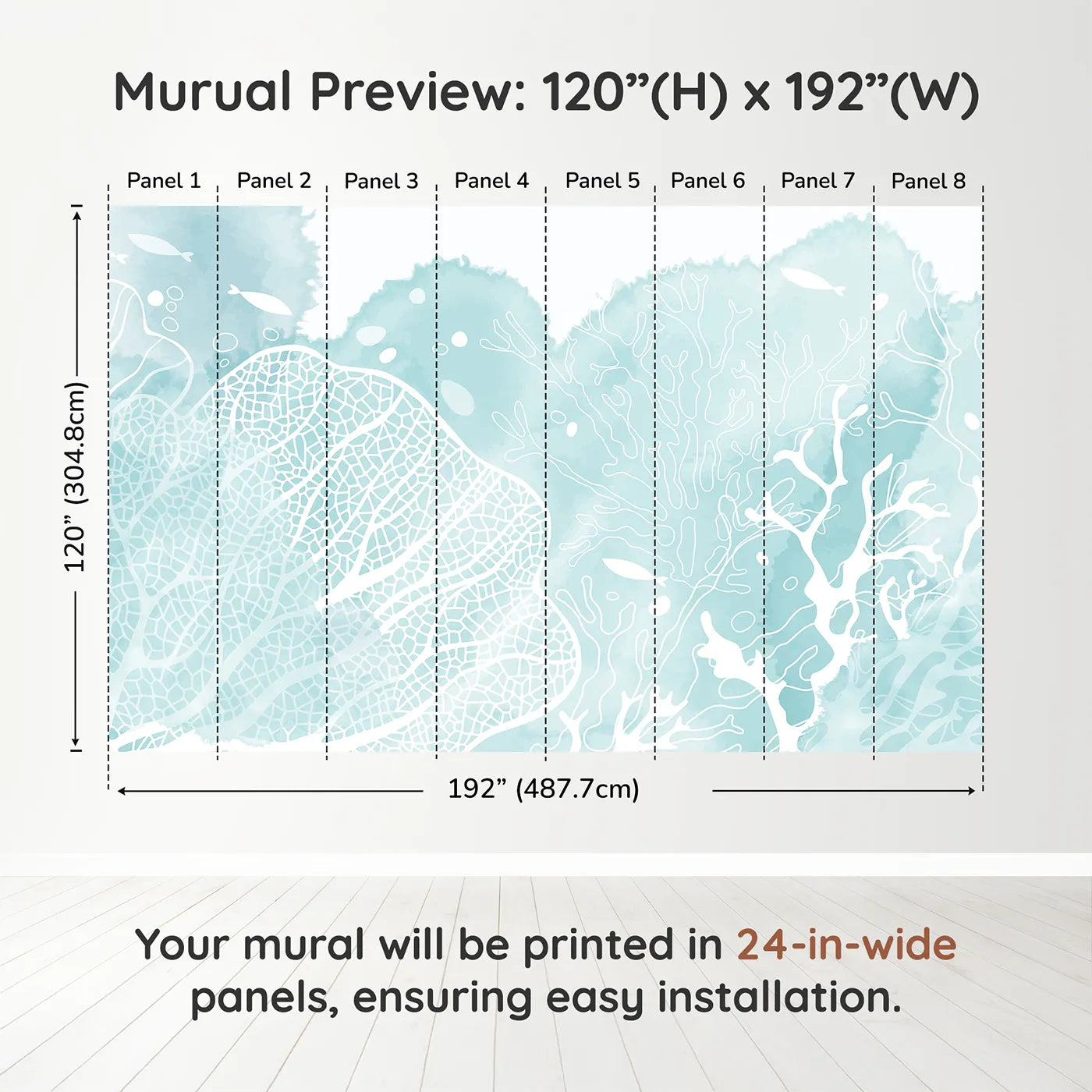 Whimsy Tots Teal Coral Reef Wall Muraldimension view (120" H x 192" W). Printed in eight 24-inch-wide panels. Gender-Neutral