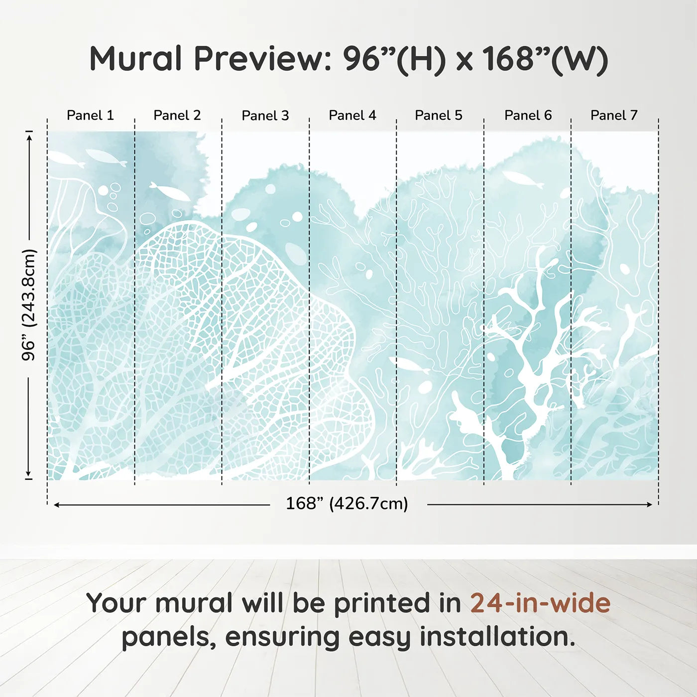 Whimsy Tots Teal Coral Reef Wall Muraldimension view (96" H x 168" W). Printed in seven 24-inch-wide panels. Gender-Neutral