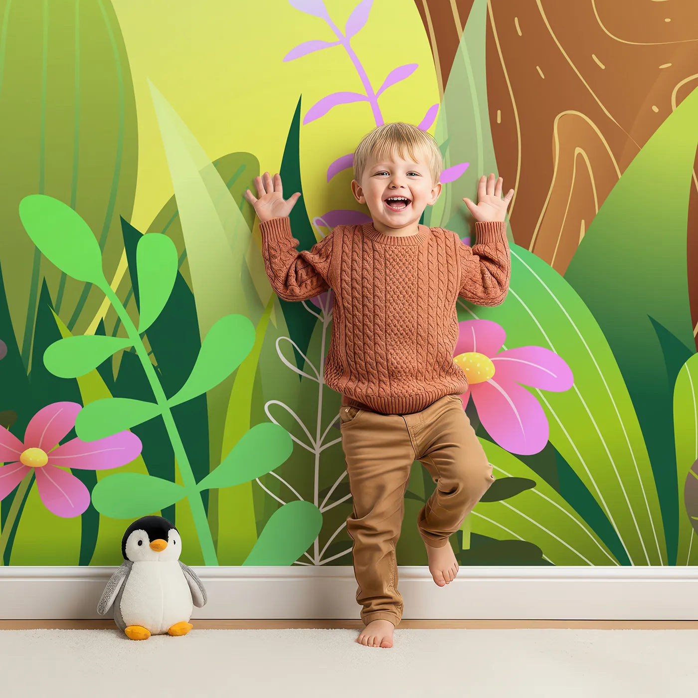 Child in front of Whimsy Tots Vibrant Forest Clearing Wall Mural with forest, cartoon, colorful, vibrant, tree, flower, jungle, nature in design.