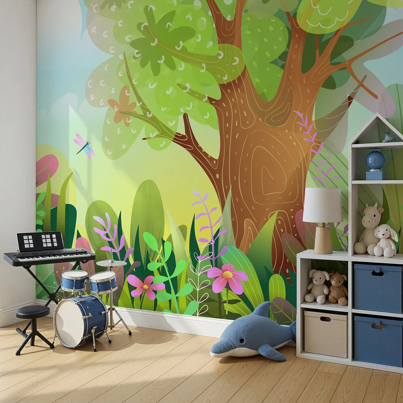 Angled view of Whimsy Tots' Vibrant Forest Clearing Wall Mural (Turn Their Room into a Bright and Colorful Cartoon Woodland).Gender-Neutral