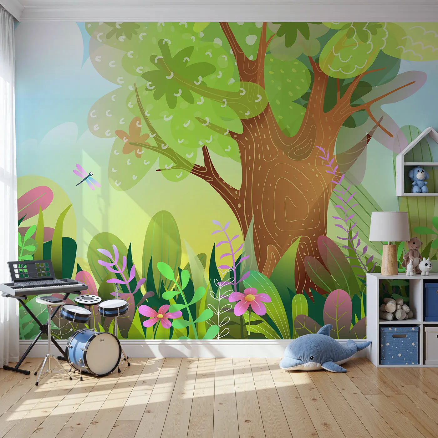 Front view of Whimsy Tots' Vibrant Forest Clearing Wall Mural