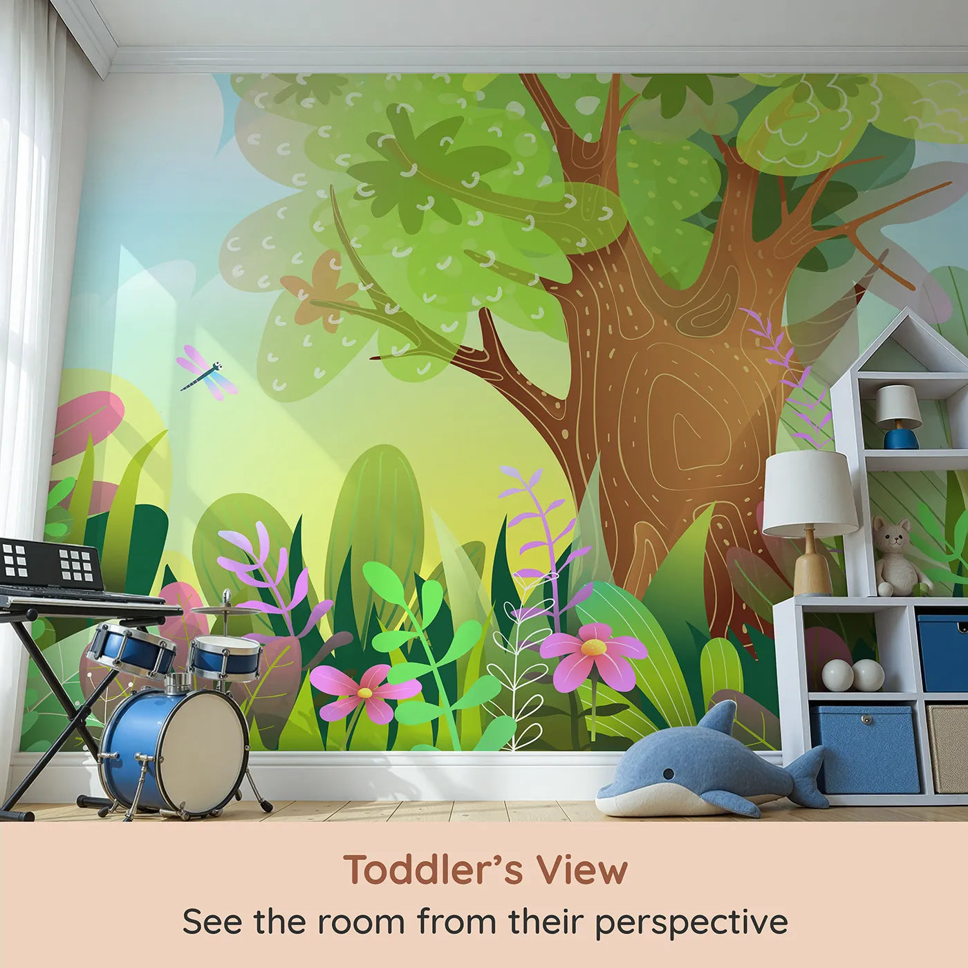 Whimsy Tots Vibrant Forest Clearing Wall Mural (Turn Their Room into a Bright and Colorful Cartoon Woodland) from your child's view.Gender-Neutral