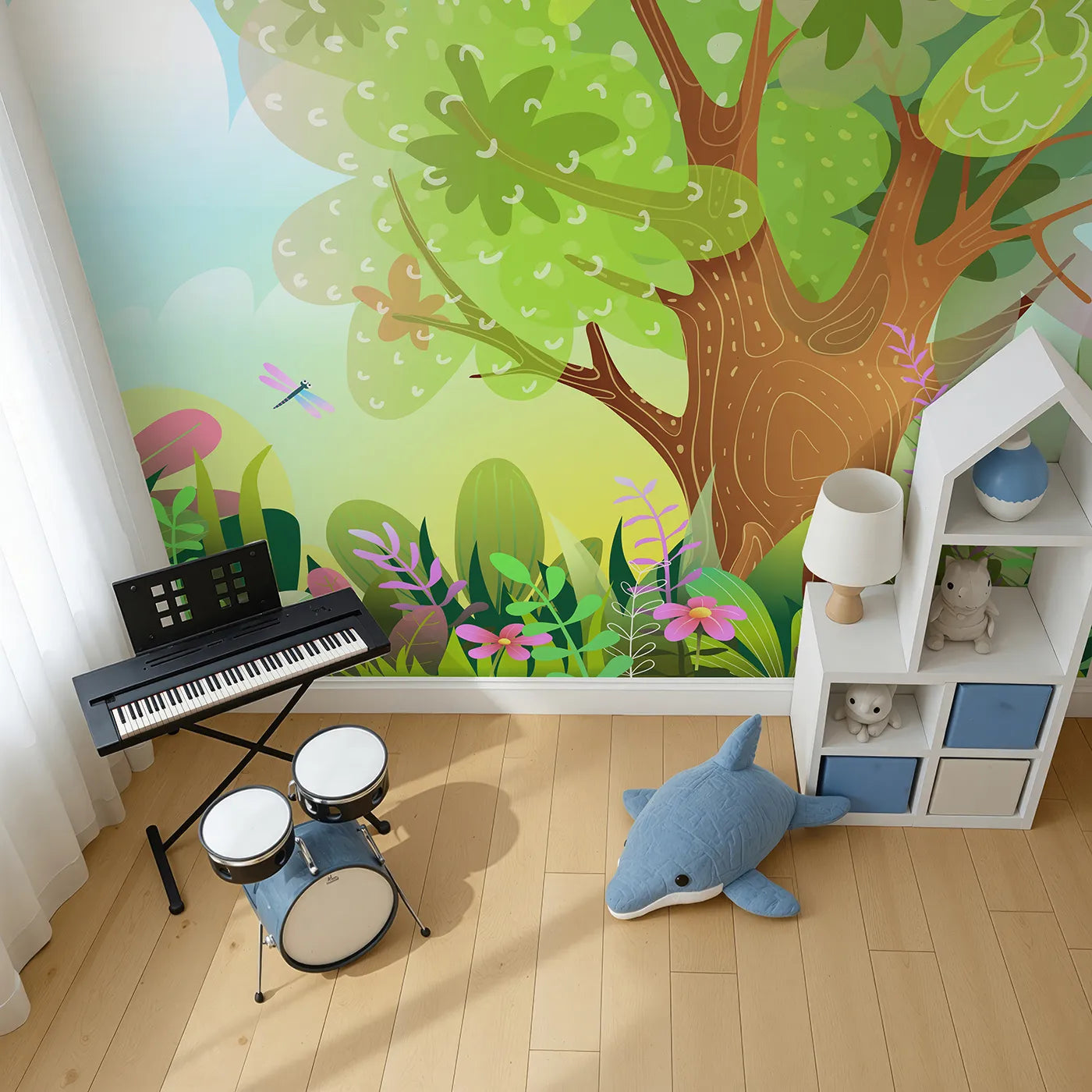 Top-down view of Whimsy Tots' Vibrant Forest Clearing Wall Mural (Turn Their Room into a Bright and Colorful Cartoon Woodland).Gender-Neutral