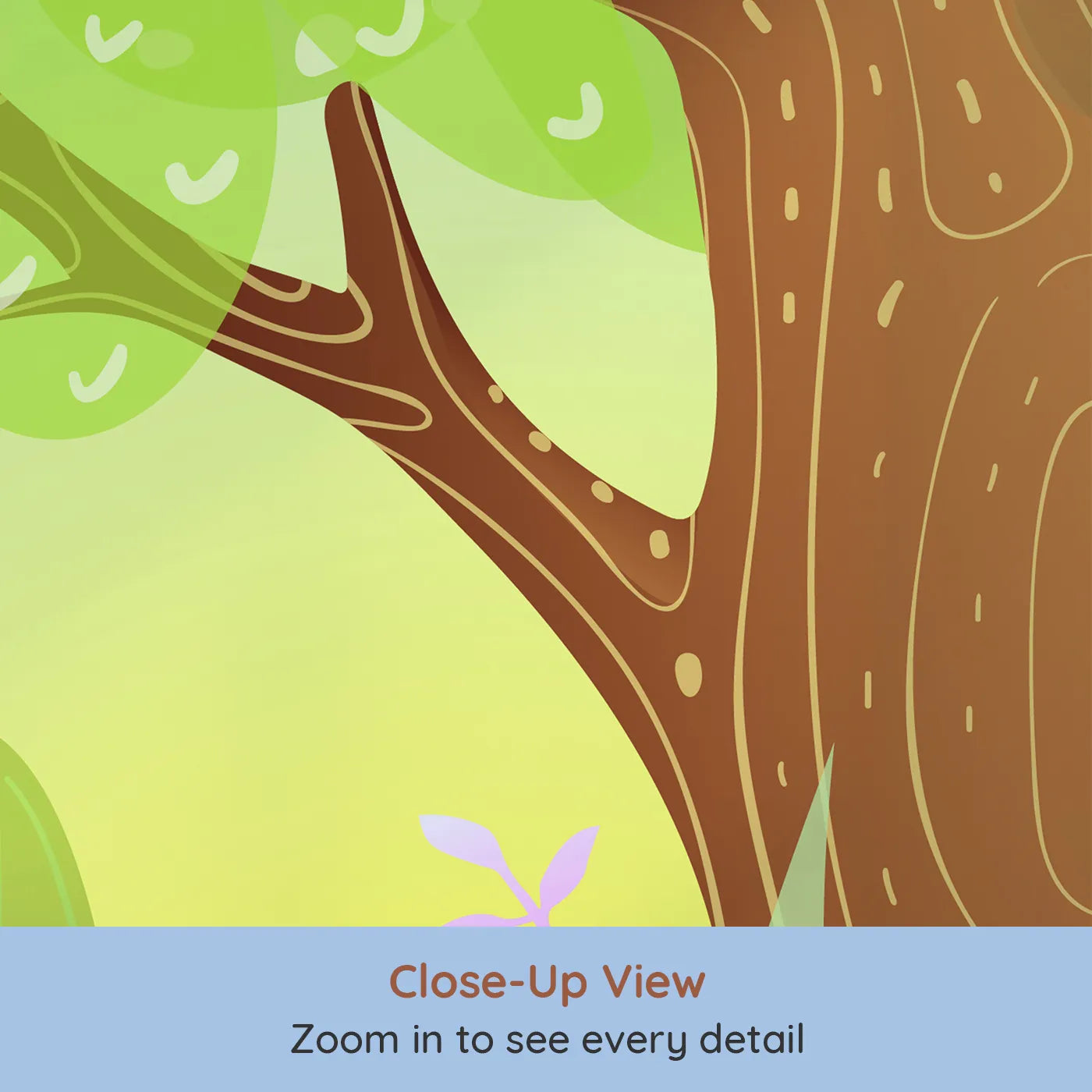 Close-up view of Whimsy Tots' Vibrant Forest Clearing Wall Mural (Turn Their Room into a Bright and Colorful Cartoon Woodland).Gender-Neutral