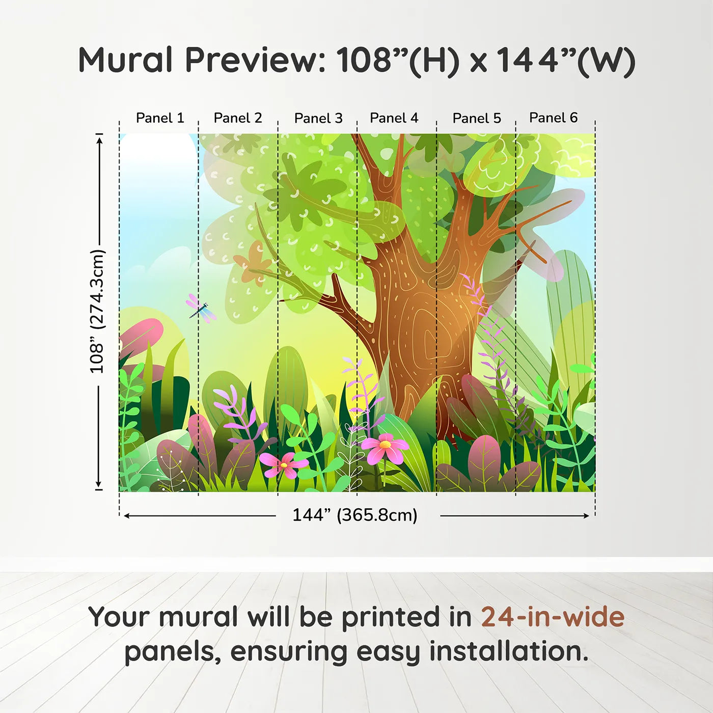 Whimsy Tots Vibrant Forest Clearing Wall Muraldimension view (108" H x 144" W). Printed in six 24-inch-wide panels. Gender-Neutral