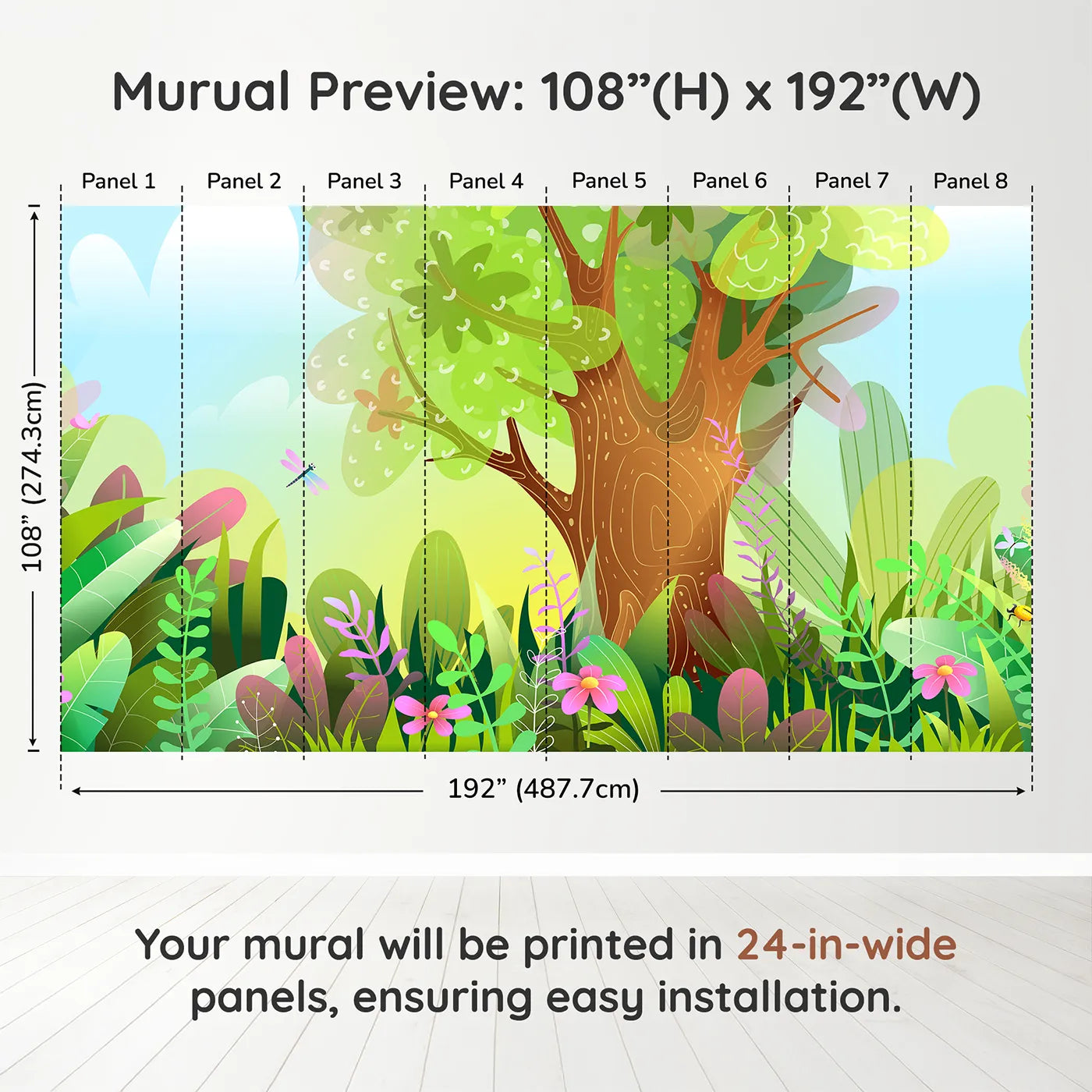 Whimsy Tots Vibrant Forest Clearing Wall Muraldimension view (108" H x 192" W). Printed in eight 24-inch-wide panels. Gender-Neutral