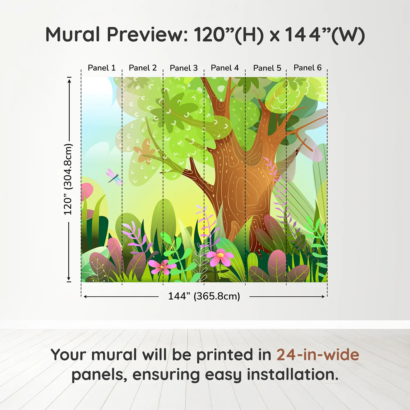 Whimsy Tots Vibrant Forest Clearing Wall Muraldimension view (120" H x 144" W). Printed in six 24-inch-wide panels. Gender-Neutral