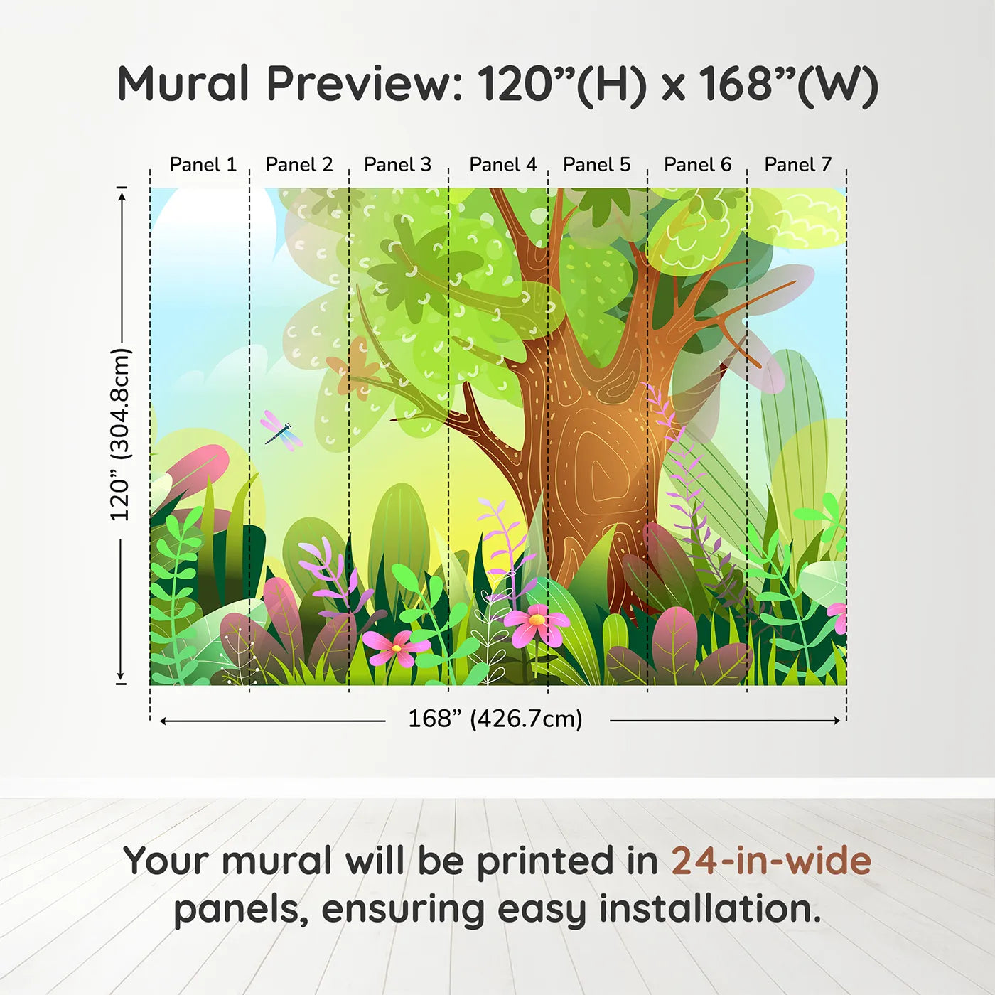 Whimsy Tots Vibrant Forest Clearing Wall Muraldimension view (120" H x 168" W). Printed in seven 24-inch-wide panels. Gender-Neutral