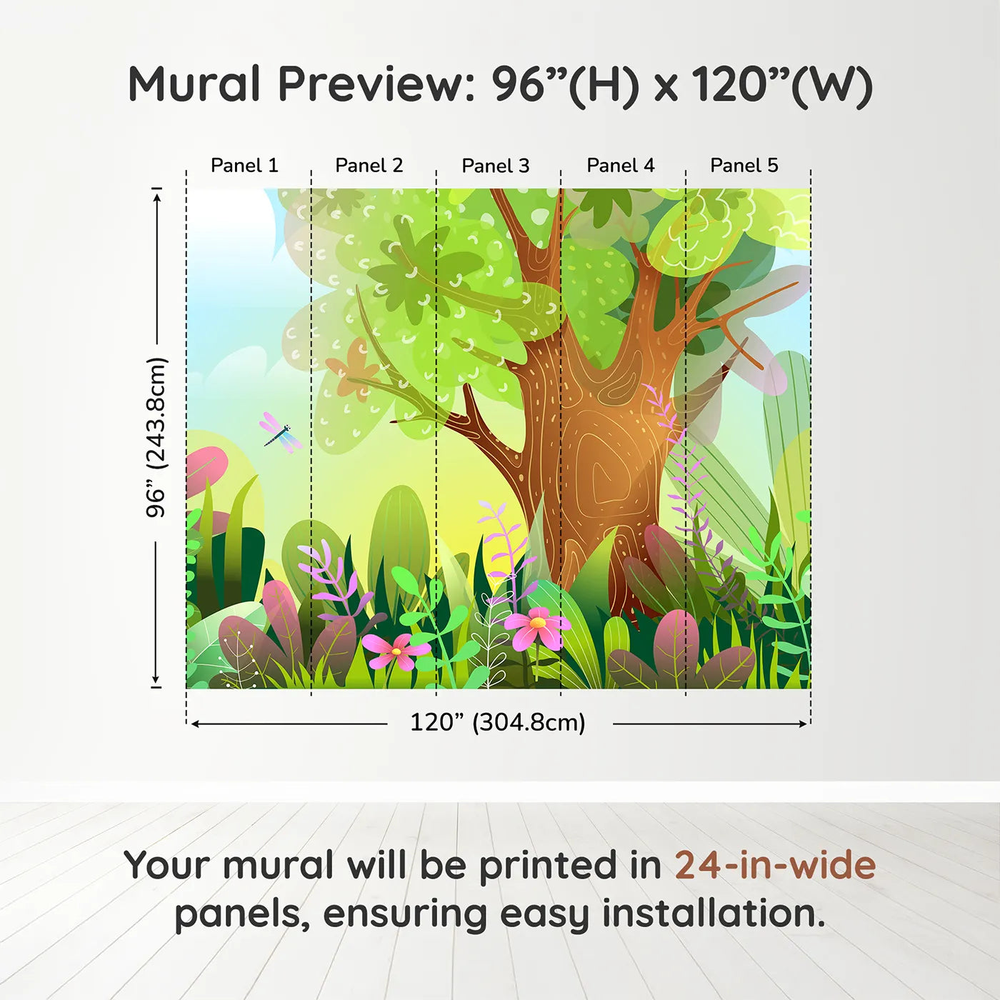 Whimsy Tots Vibrant Forest Clearing Wall Muraldimension view (96" H x 120" W). Printed in five 24-inch-wide panels. Gender-Neutral