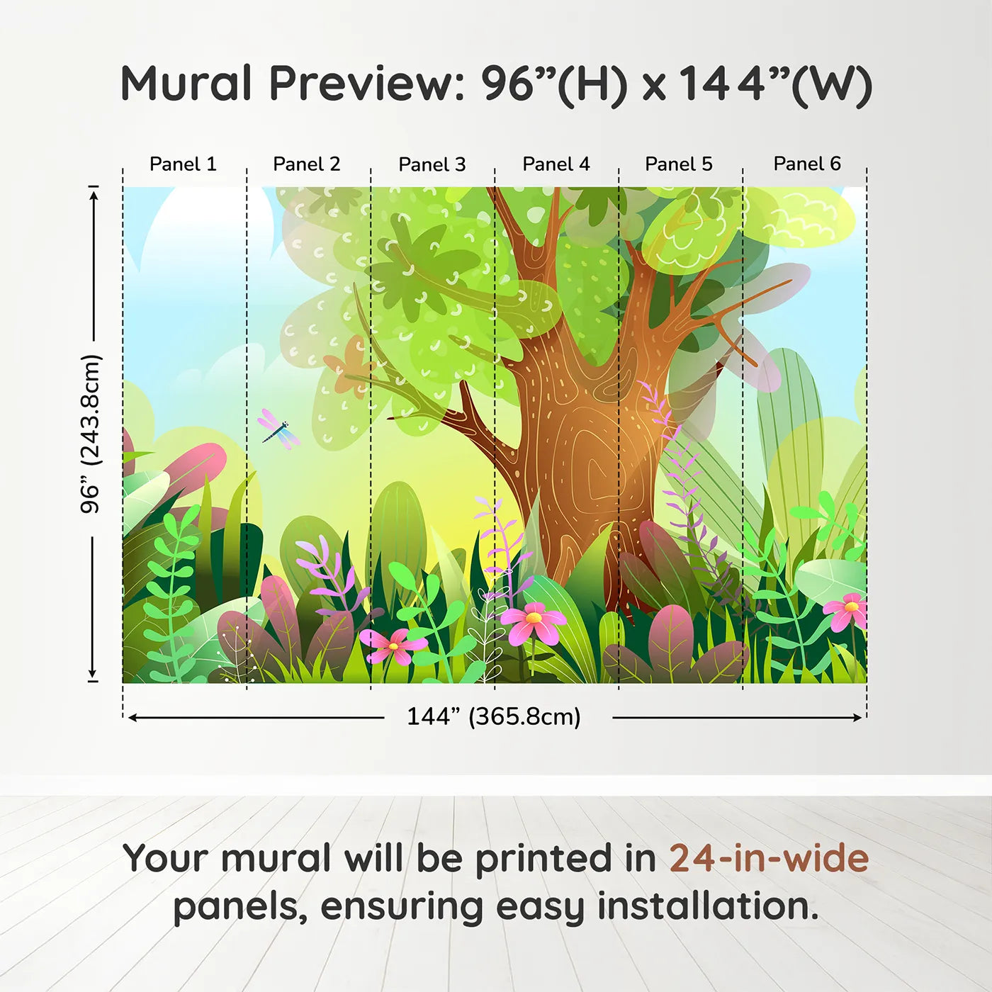 Whimsy Tots Vibrant Forest Clearing Wall Muraldimension view (96" H x 144" W). Printed in six 24-inch-wide panels. Gender-Neutral