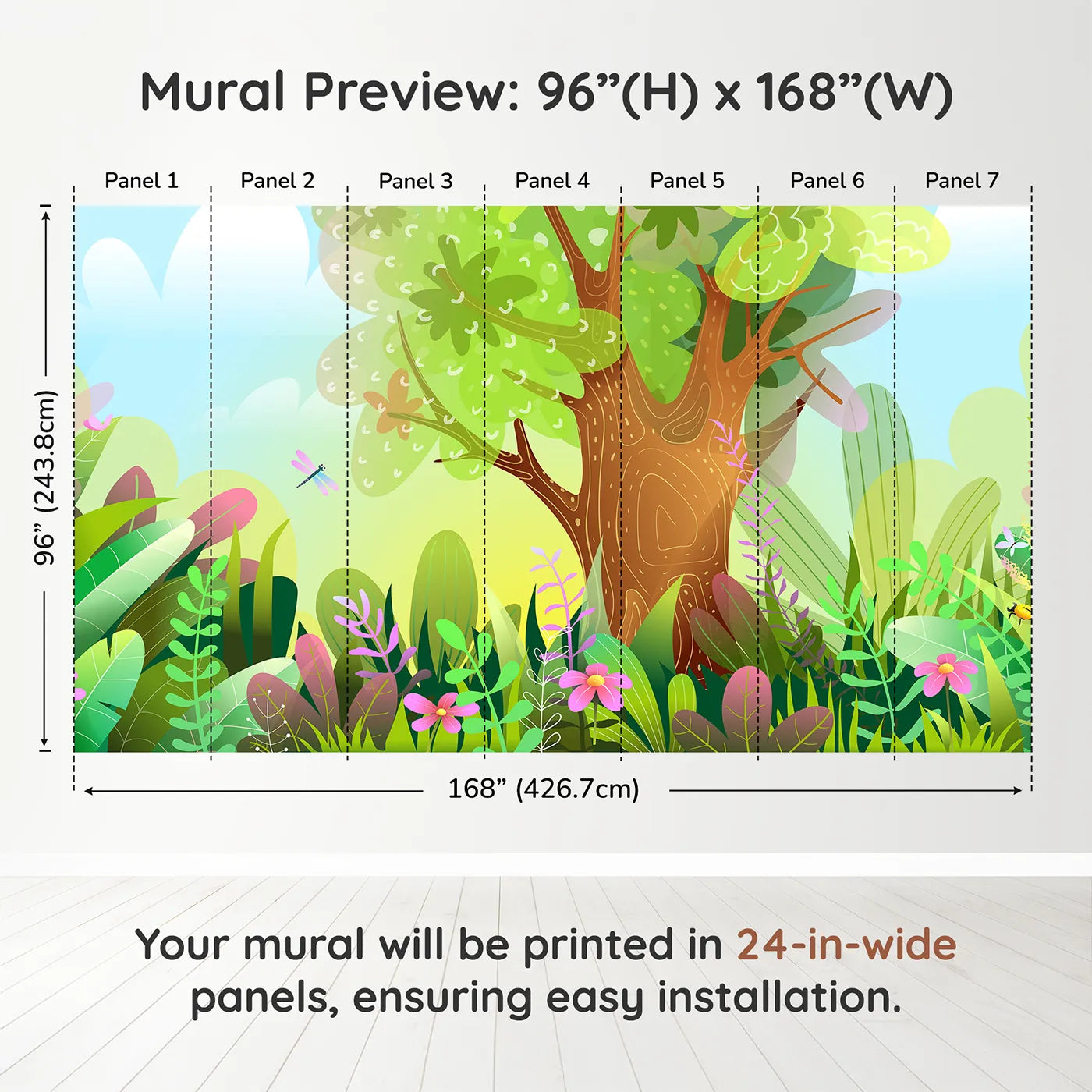 Whimsy Tots Vibrant Forest Clearing Wall Muraldimension view (96" H x 168" W). Printed in seven 24-inch-wide panels. Gender-Neutral