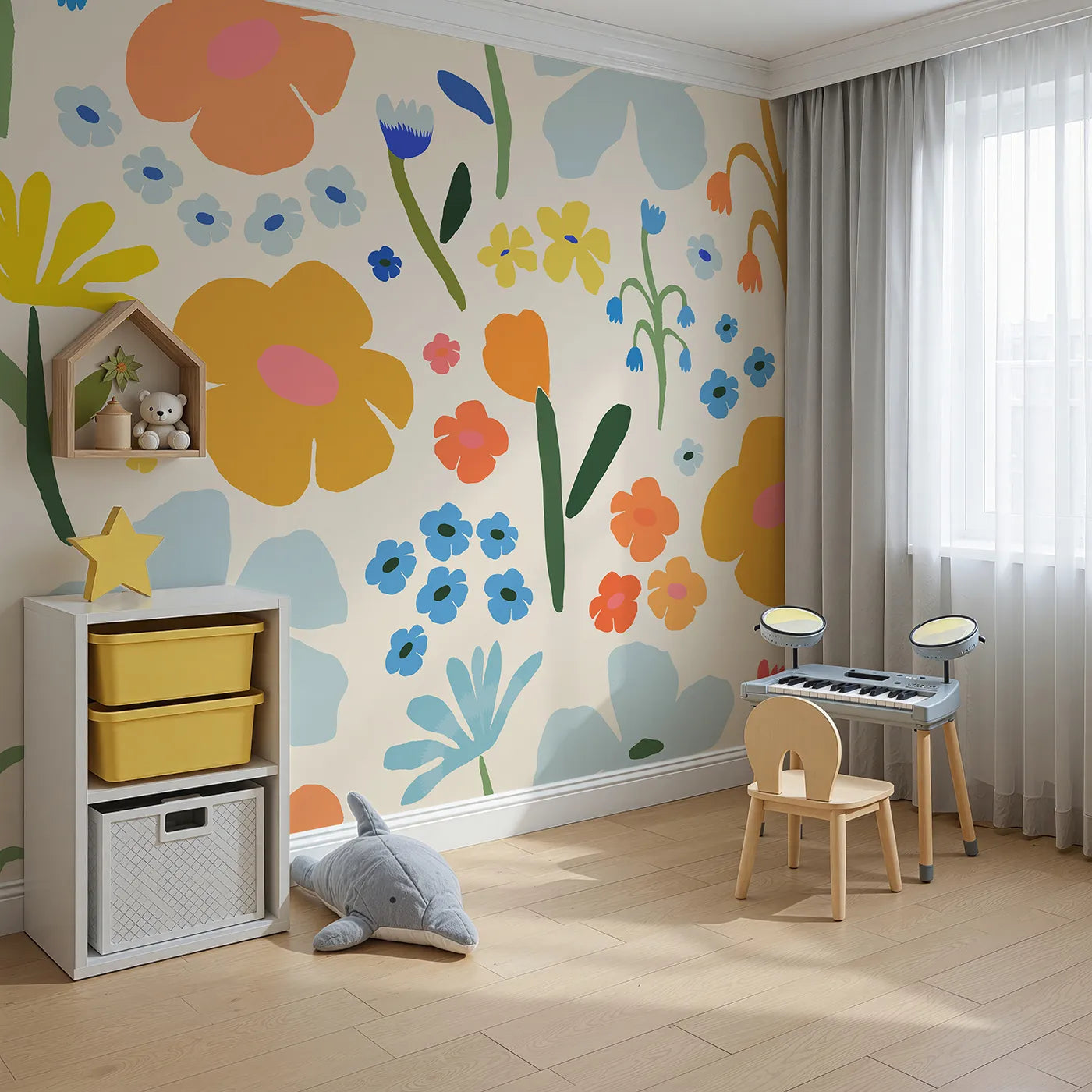 Angled view of Whimsy Tots' Retro Sixties Floral Wall Mural (Turn Their Room into a Field of Groovy Flowers).Gender-Neutral