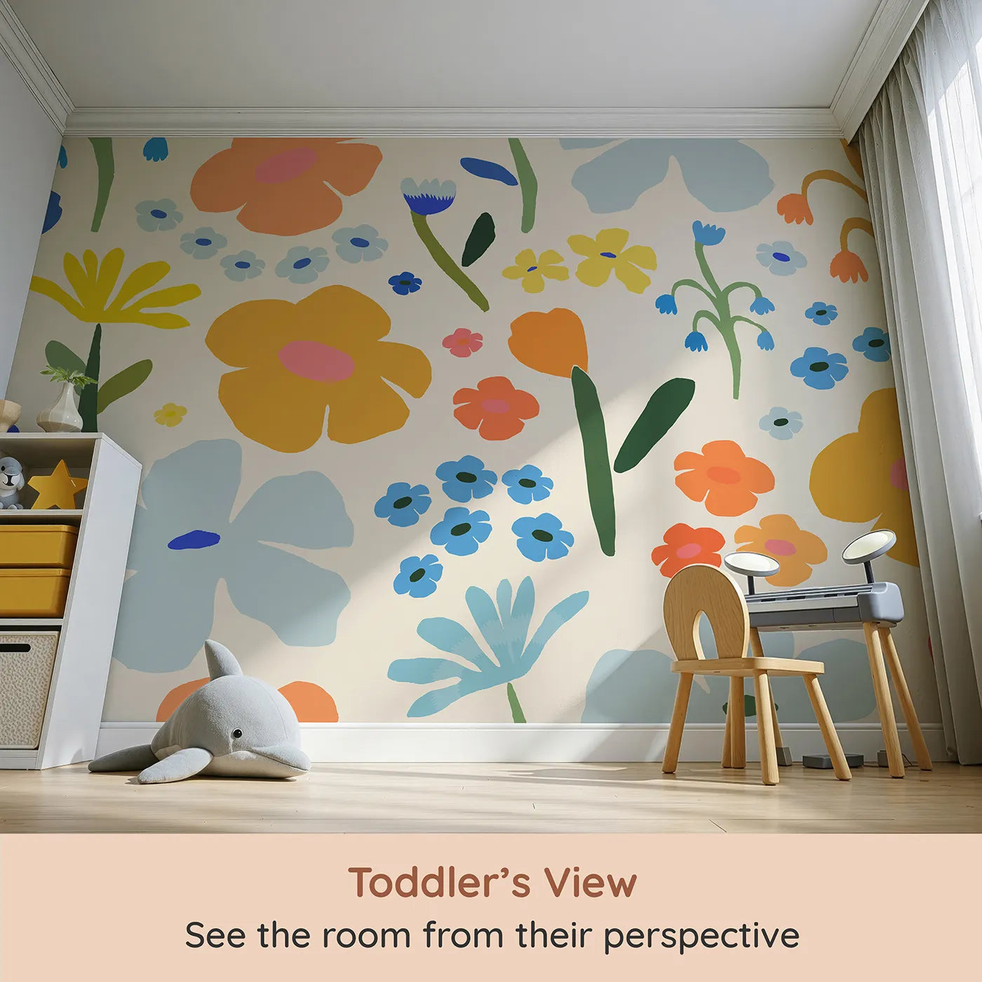 Whimsy Tots Retro Sixties Floral Wall Mural (Turn Their Room into a Field of Groovy Flowers) from your child's view.Gender-Neutral
