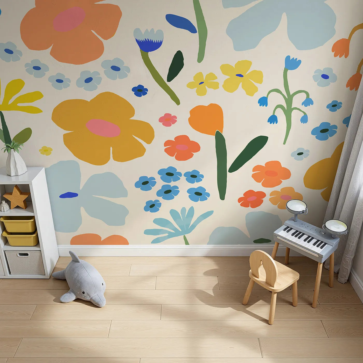Top-down view of Whimsy Tots' Retro Sixties Floral Wall Mural (Turn Their Room into a Field of Groovy Flowers).Gender-Neutral