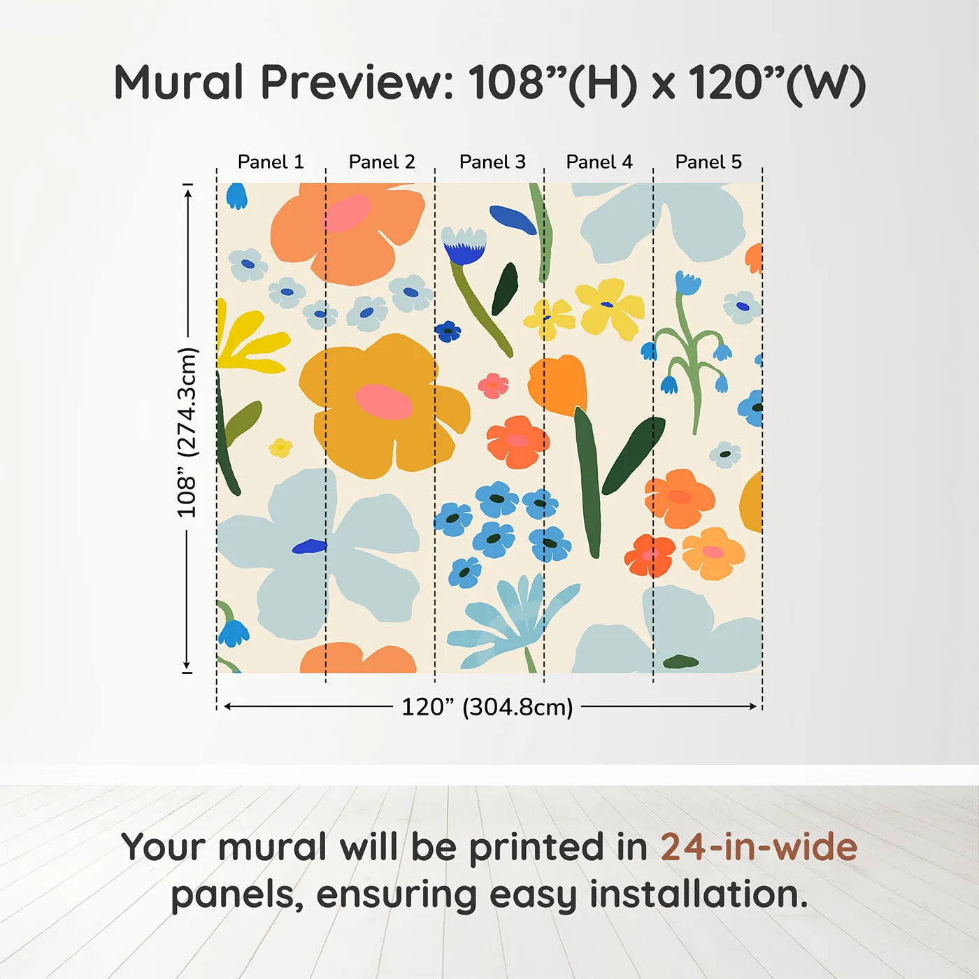 Whimsy Tots Retro Sixties Floral Wall Muraldimension view (108" H x 120" W). Printed in five 24-inch-wide panels. Gender-Neutral