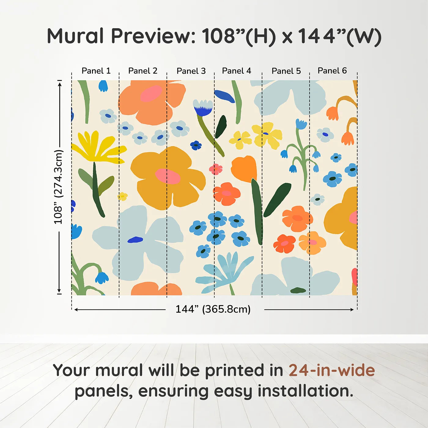 Whimsy Tots Retro Sixties Floral Wall Muraldimension view (108" H x 144" W). Printed in six 24-inch-wide panels. Gender-Neutral