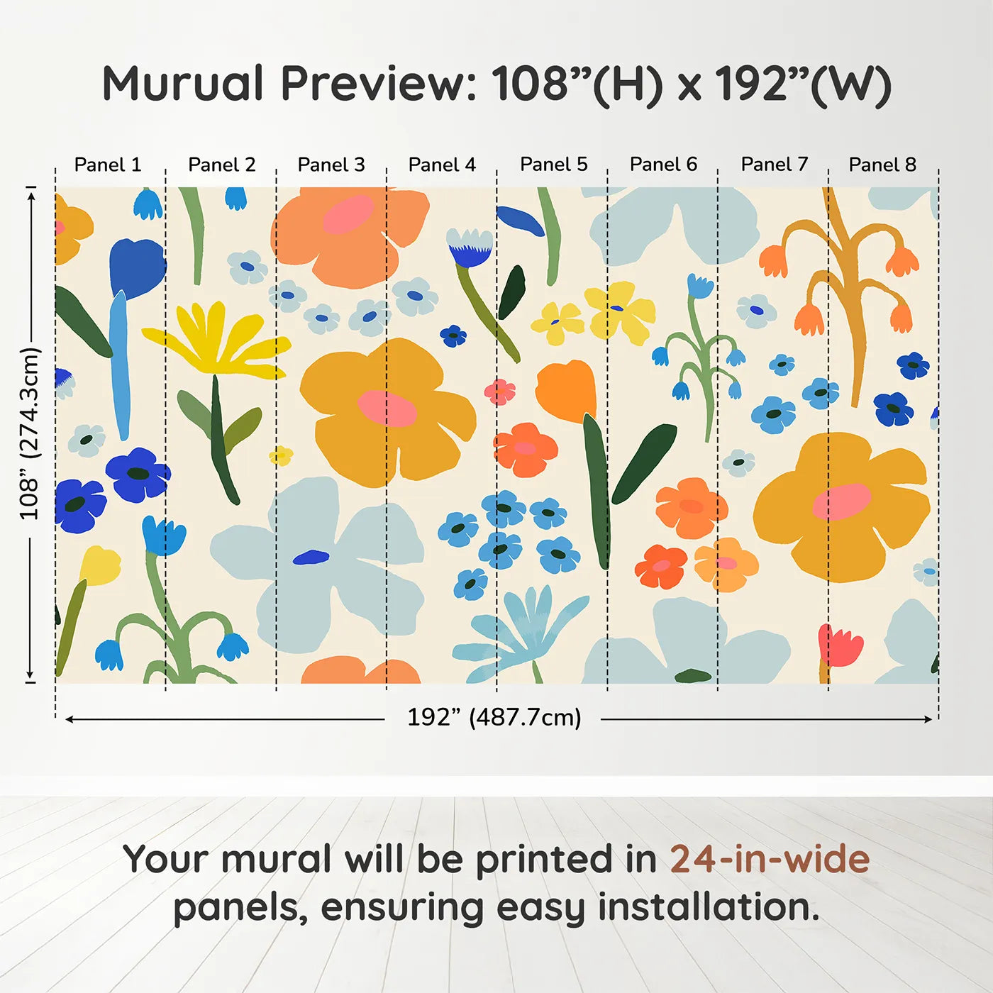Whimsy Tots Retro Sixties Floral Wall Muraldimension view (108" H x 192" W). Printed in eight 24-inch-wide panels. Gender-Neutral