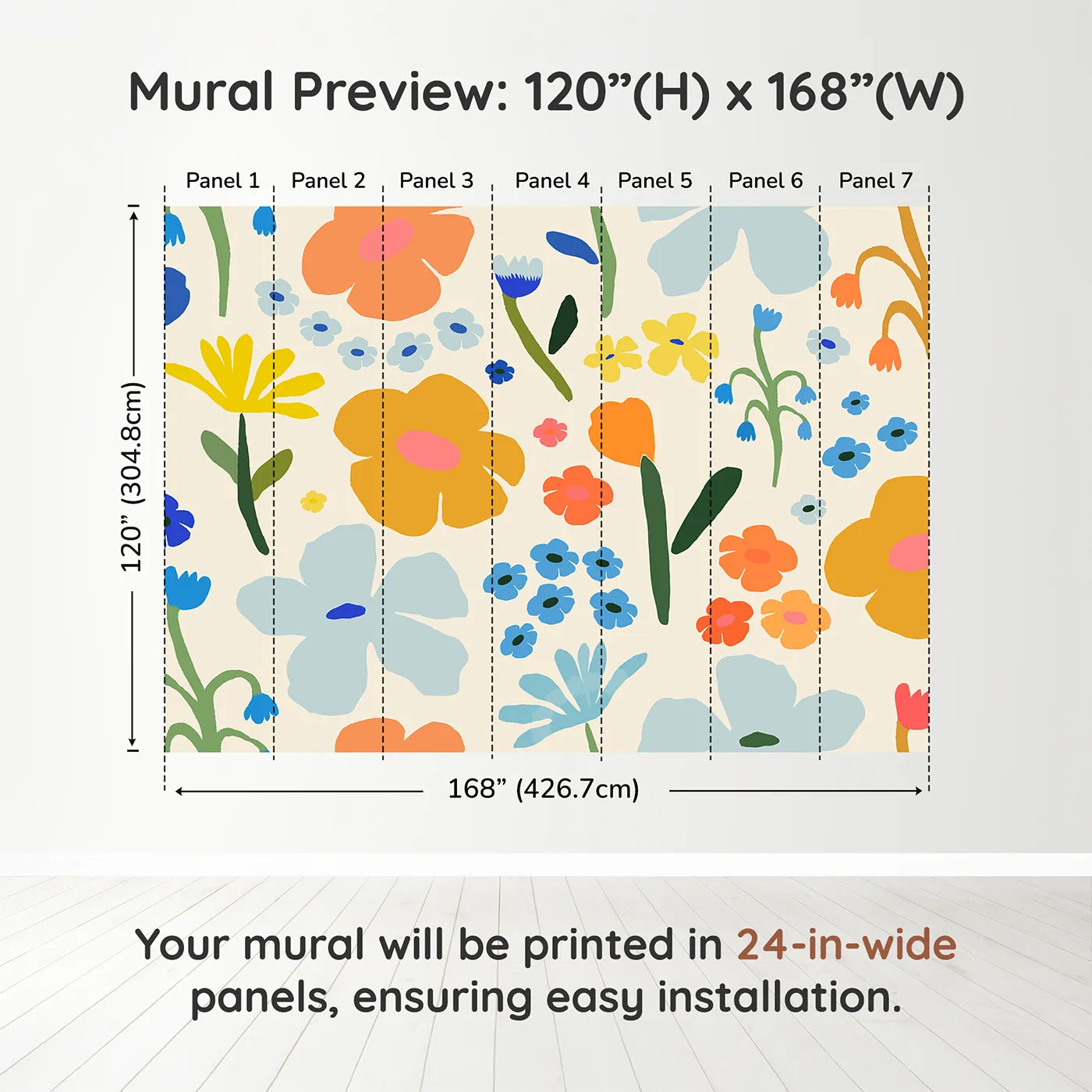 Whimsy Tots Retro Sixties Floral Wall Muraldimension view (120" H x 168" W). Printed in seven 24-inch-wide panels. Gender-Neutral