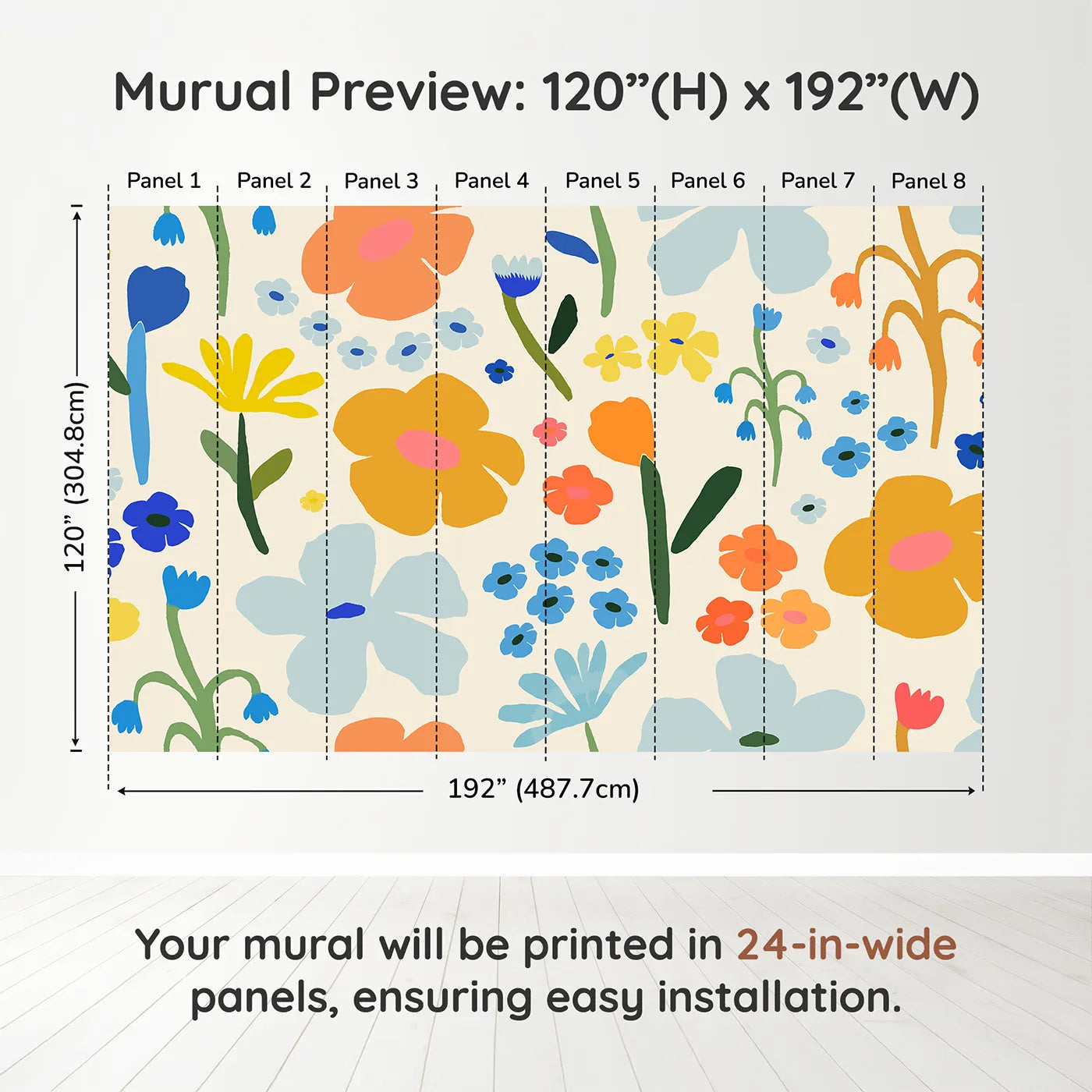 Whimsy Tots Retro Sixties Floral Wall Muraldimension view (120" H x 192" W). Printed in eight 24-inch-wide panels. Gender-Neutral