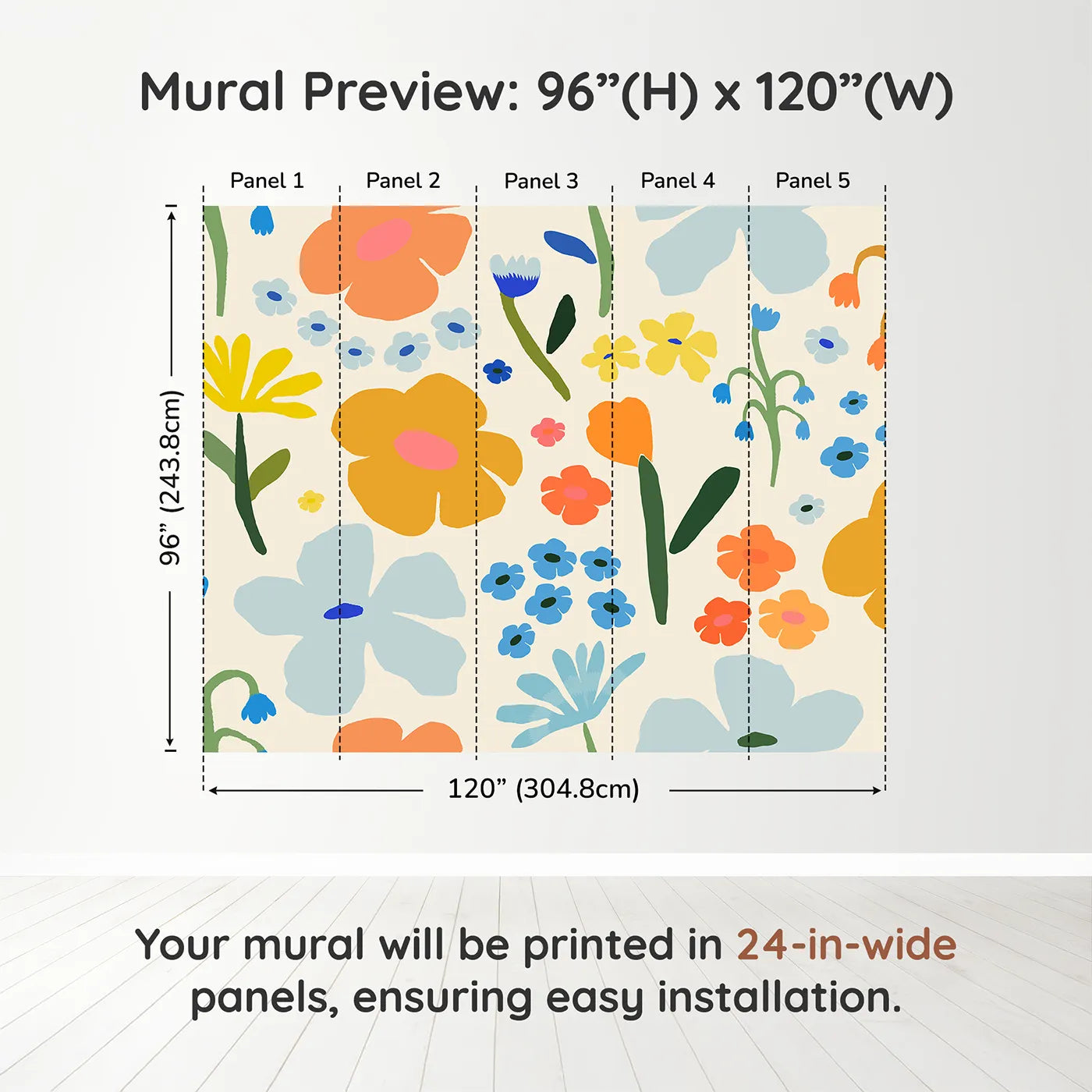 Whimsy Tots Retro Sixties Floral Wall Muraldimension view (96" H x 120" W). Printed in five 24-inch-wide panels. Gender-Neutral