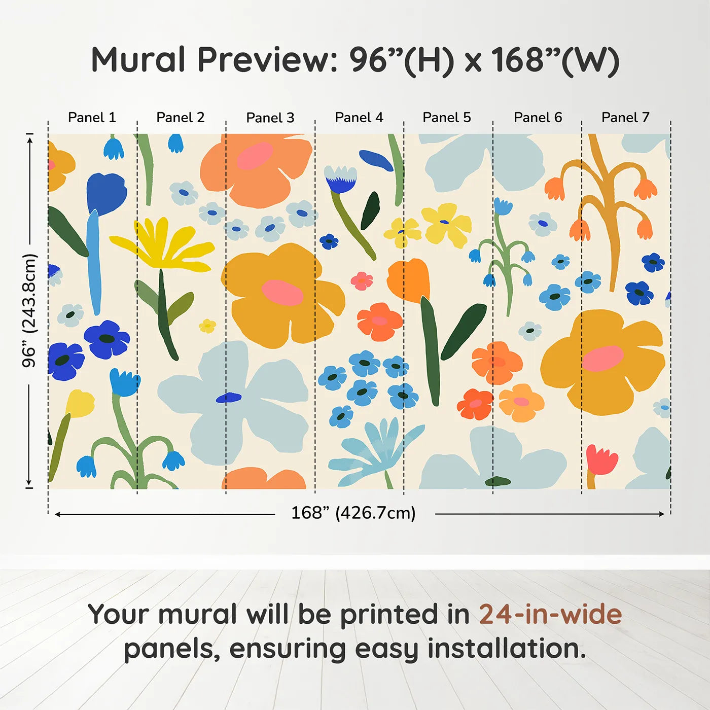 Whimsy Tots Retro Sixties Floral Wall Muraldimension view (96" H x 168" W). Printed in seven 24-inch-wide panels. Gender-Neutral