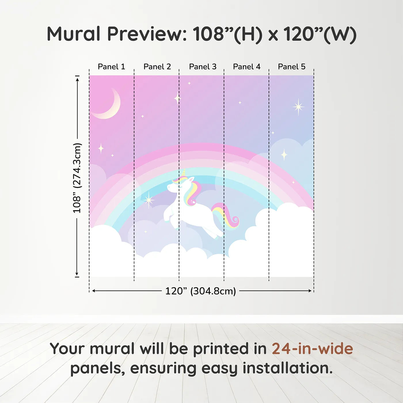 Whimsy Tots Unicorn Rainbow Sky Wall Muraldimension view (108" H x 120" W). Printed in five 24-inch-wide panels. Best for Girls
