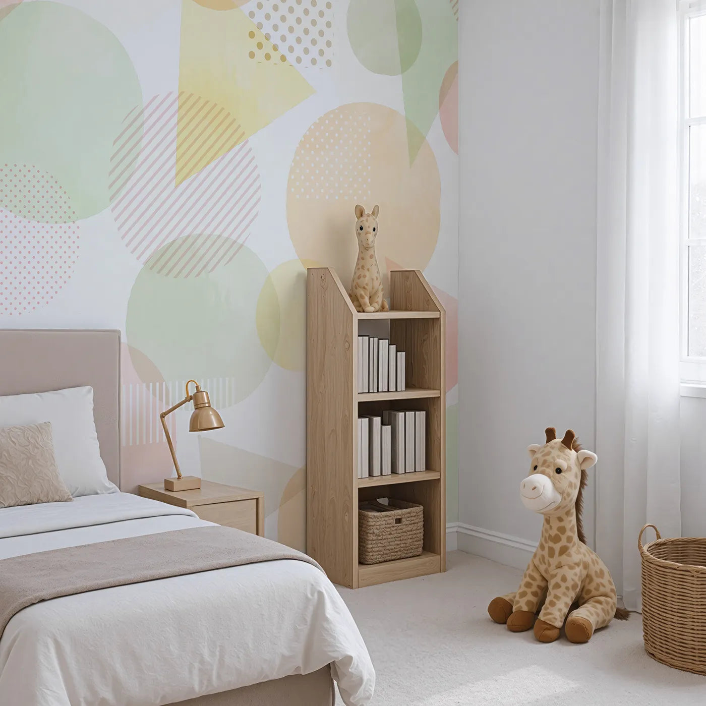 Angled view of Whimsy Tots' Pastel Geometric Shapes Wall Mural (Turn Their Room into a Playground of Soft Shapes).Gender-Neutral