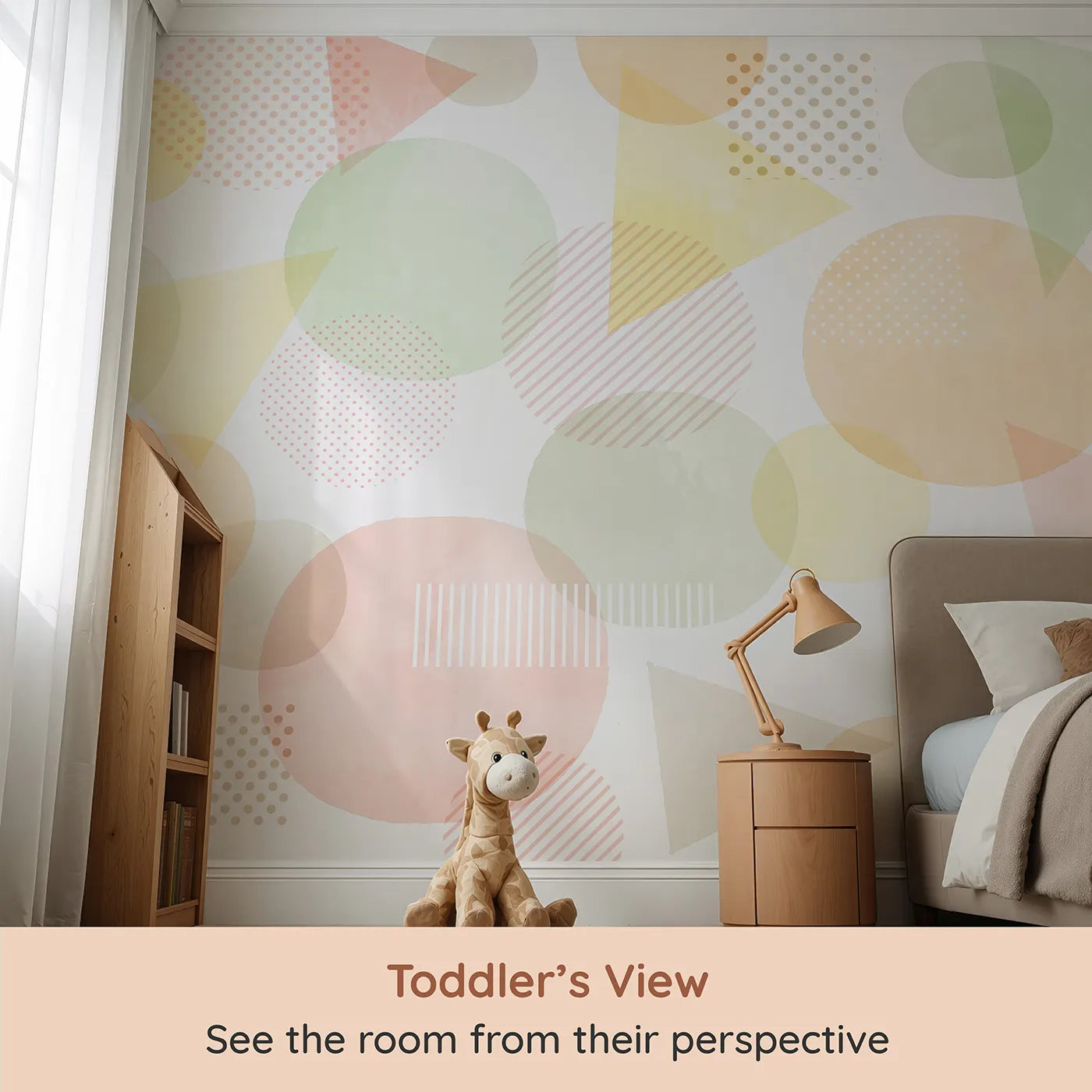 Whimsy Tots Pastel Geometric Shapes Wall Mural (Turn Their Room into a Playground of Soft Shapes) from your child's view.Gender-Neutral