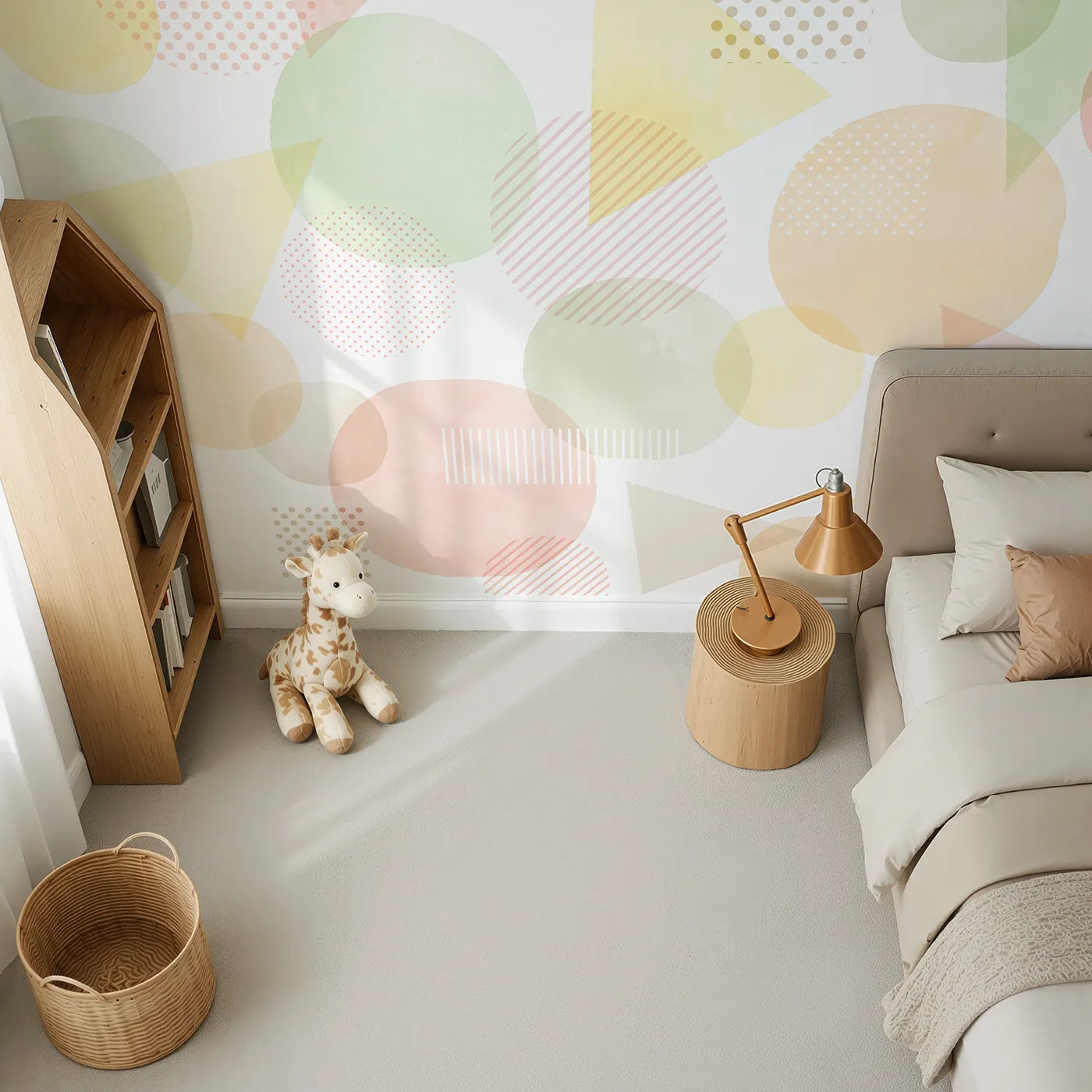 Top-down view of Whimsy Tots' Pastel Geometric Shapes Wall Mural (Turn Their Room into a Playground of Soft Shapes).Gender-Neutral
