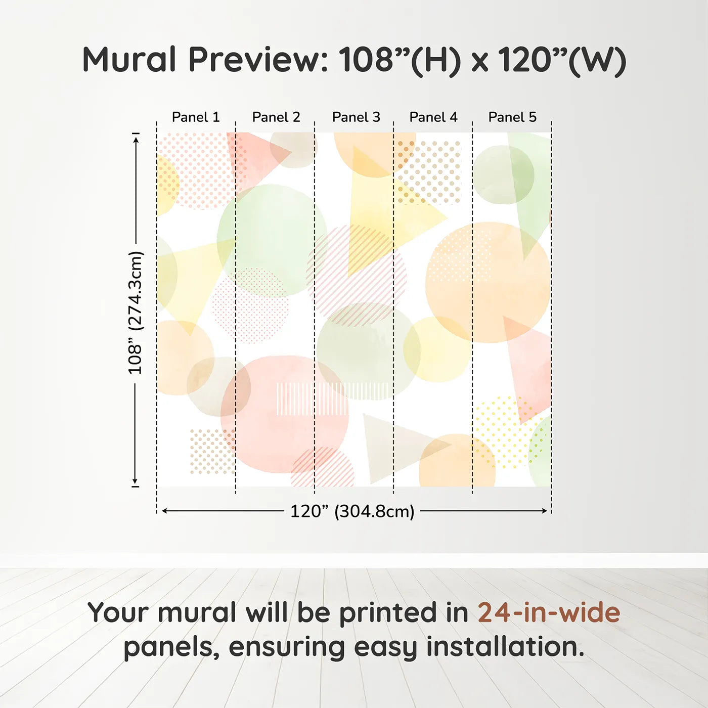 Whimsy Tots Pastel Geometric Shapes Wall Muraldimension view (108" H x 120" W). Printed in five 24-inch-wide panels. Gender-Neutral