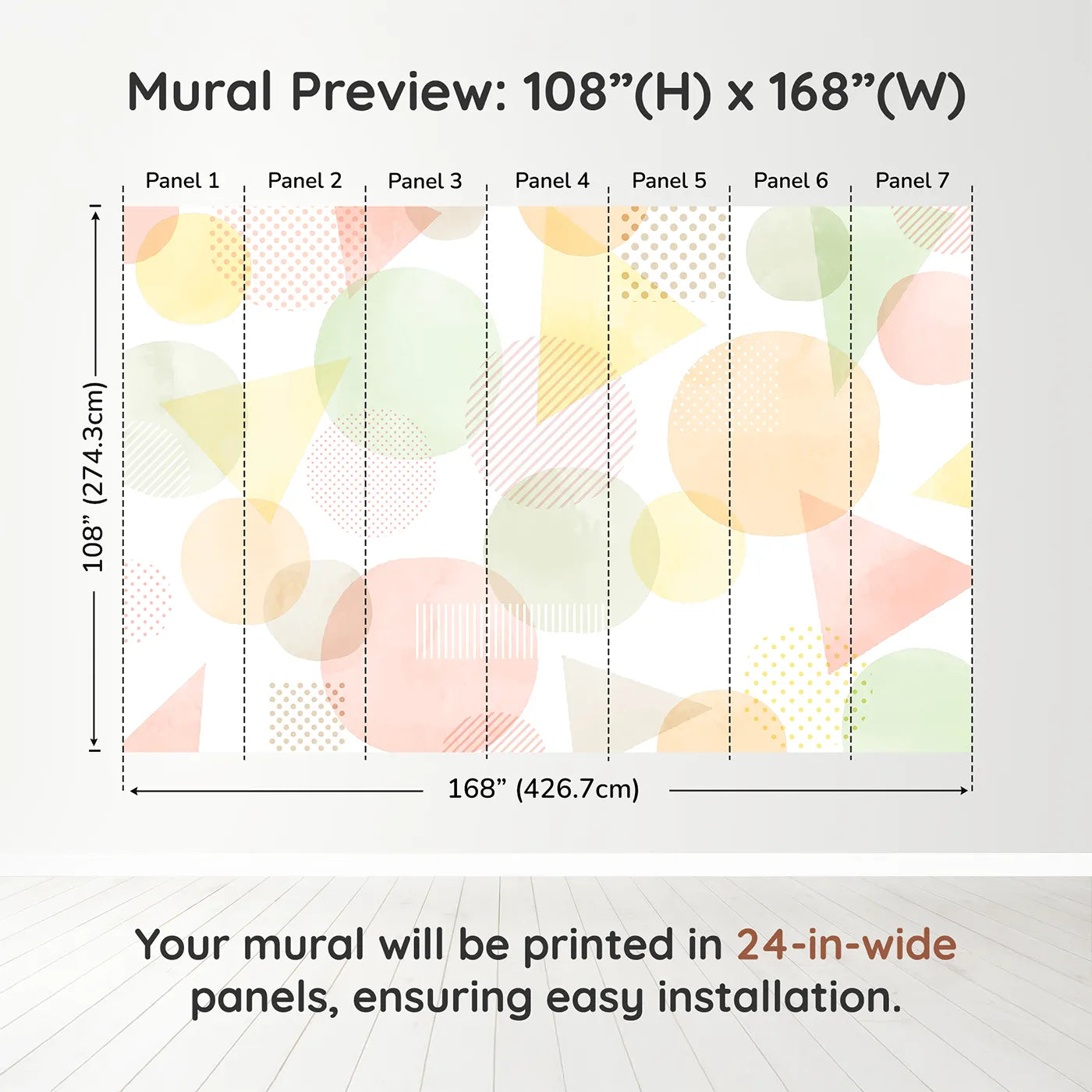 Whimsy Tots Pastel Geometric Shapes Wall Muraldimension view (108" H x 168" W). Printed in seven 24-inch-wide panels. Gender-Neutral