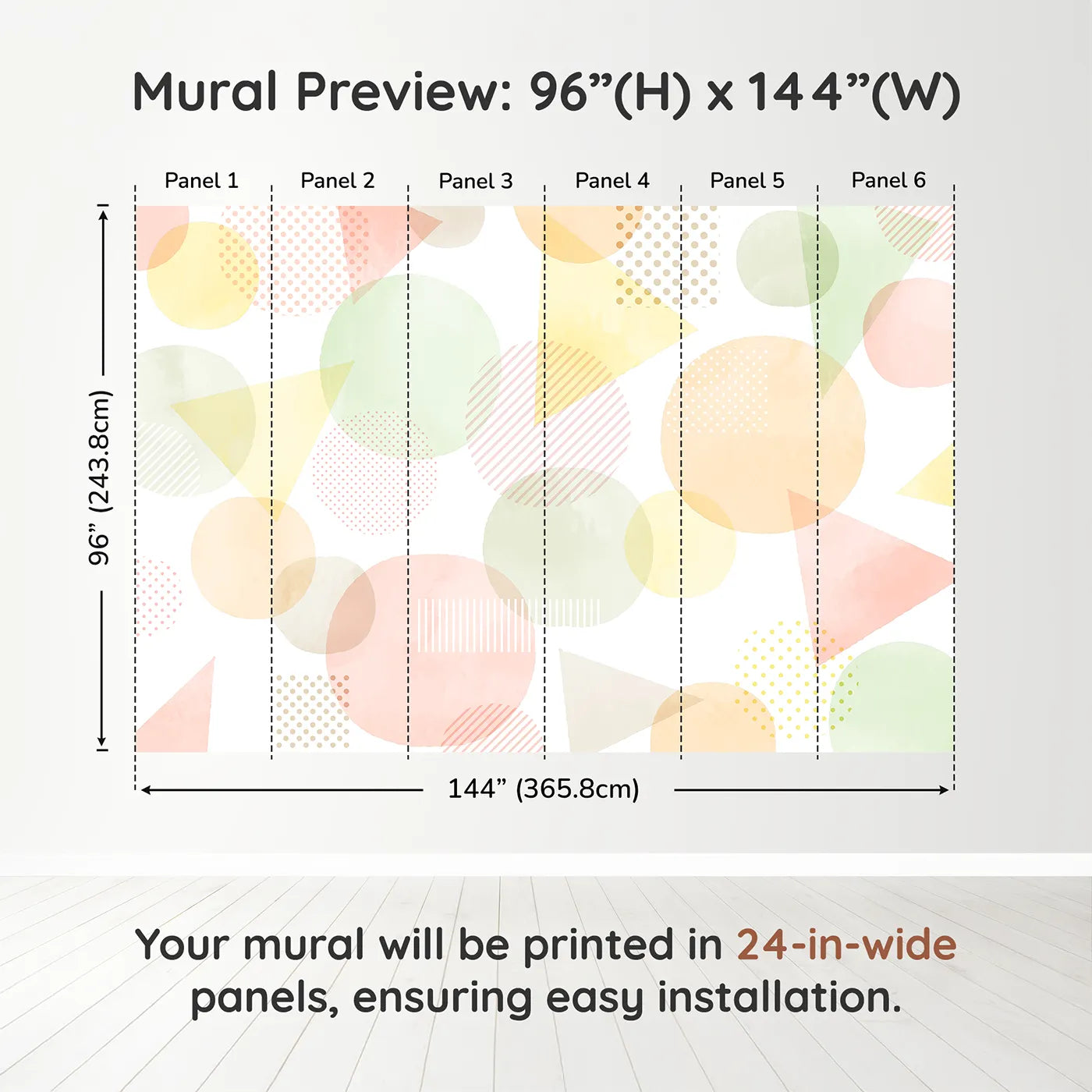 Whimsy Tots Pastel Geometric Shapes Wall Muraldimension view (96" H x 144" W). Printed in six 24-inch-wide panels. Gender-Neutral