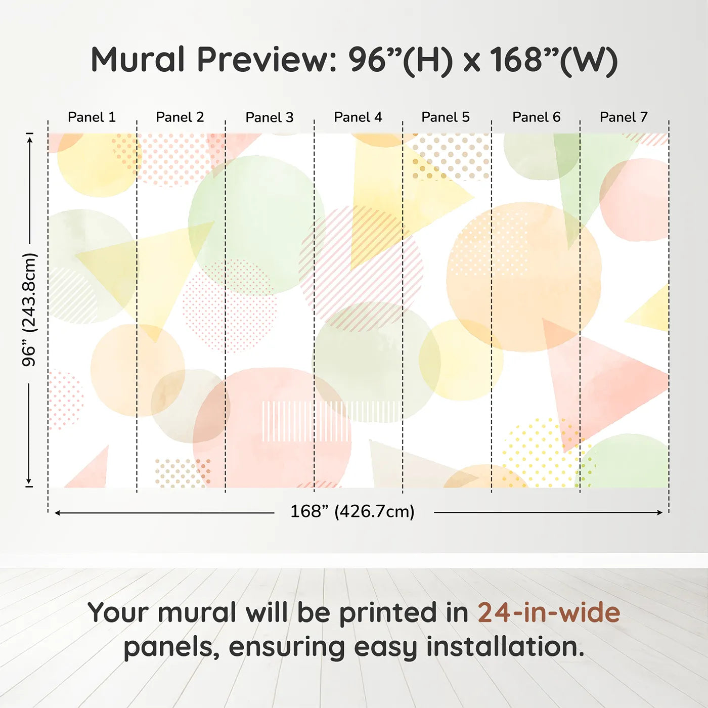 Whimsy Tots Pastel Geometric Shapes Wall Muraldimension view (96" H x 168" W). Printed in seven 24-inch-wide panels. Gender-Neutral