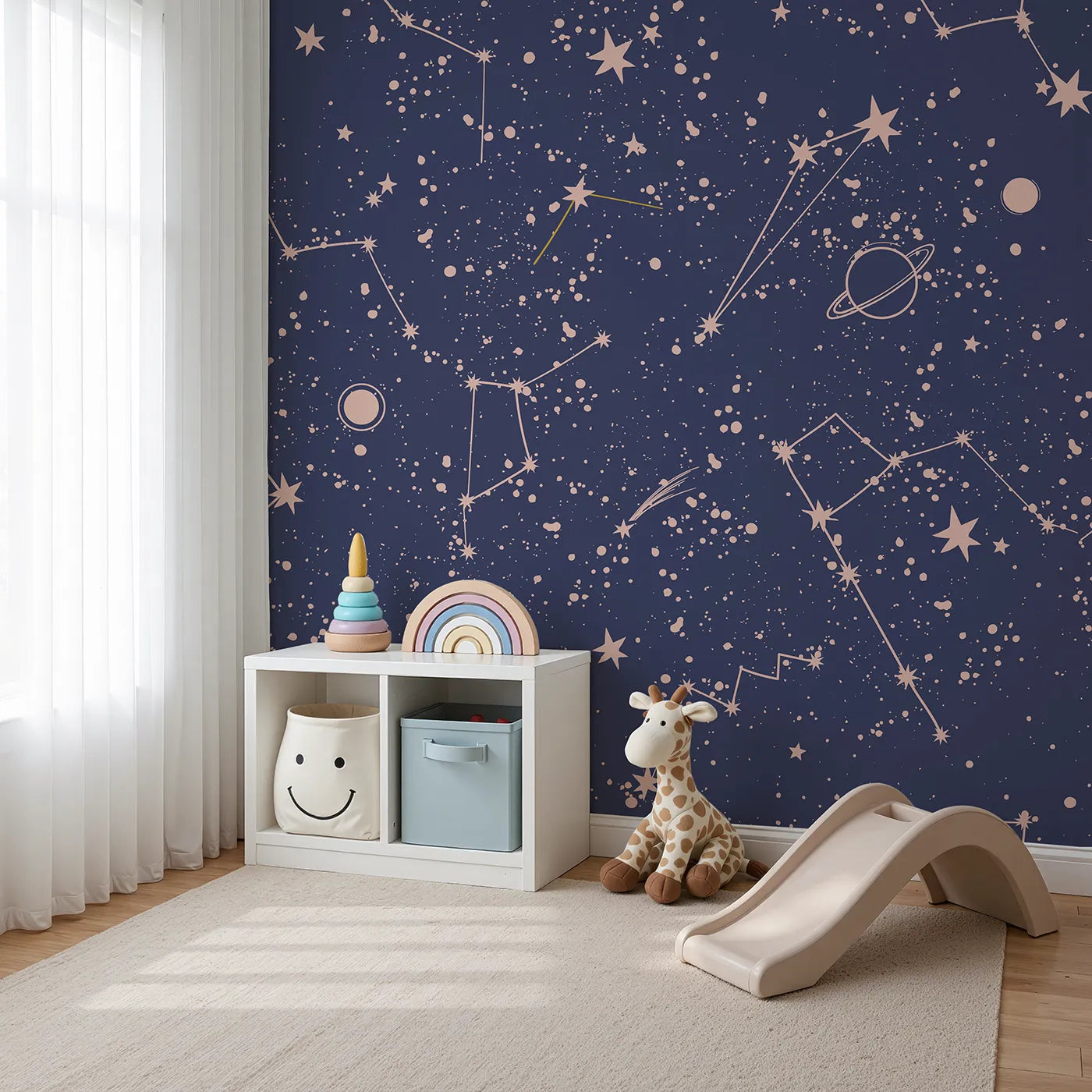 Angled view of Whimsy Tots' Rose Gold Constellations Wall Mural (Turn Their Room into a Chic and Starry Cosmos).Gender-Neutral
