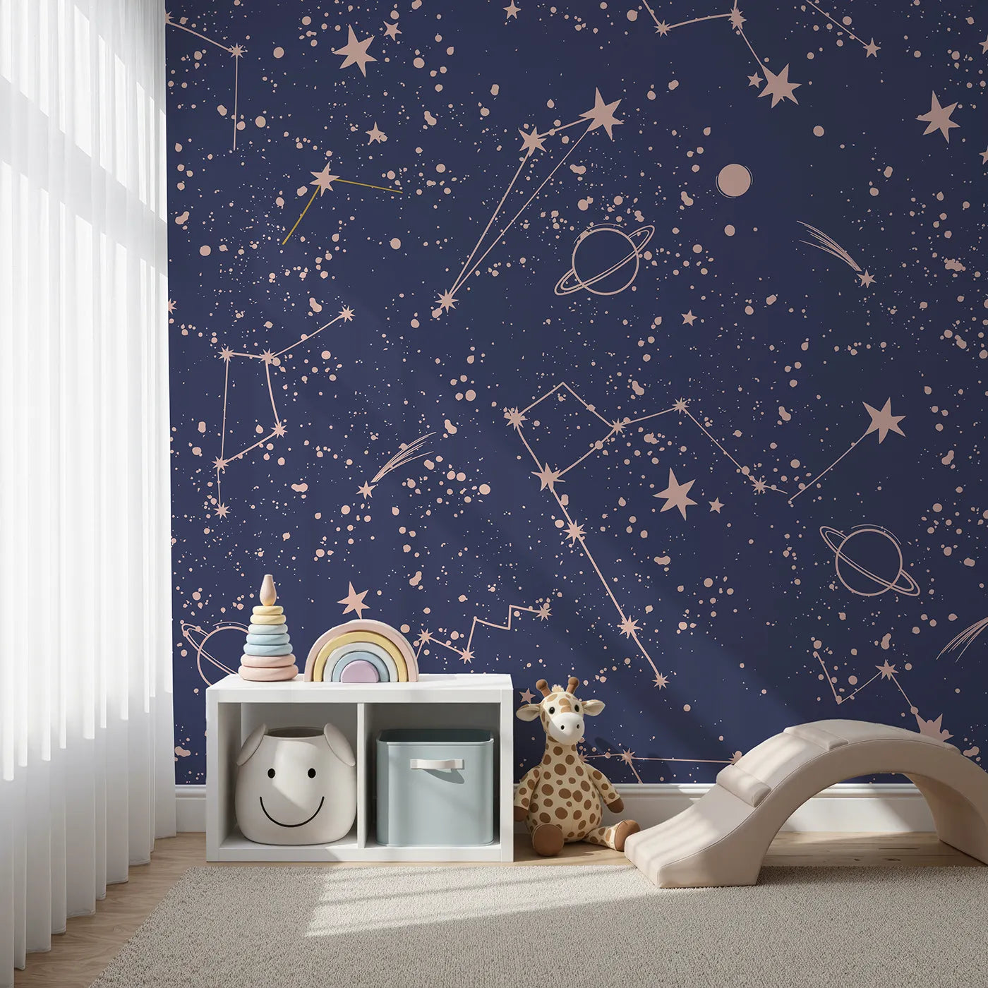 Front view of Whimsy Tots' Rose Gold Constellations Wall Mural