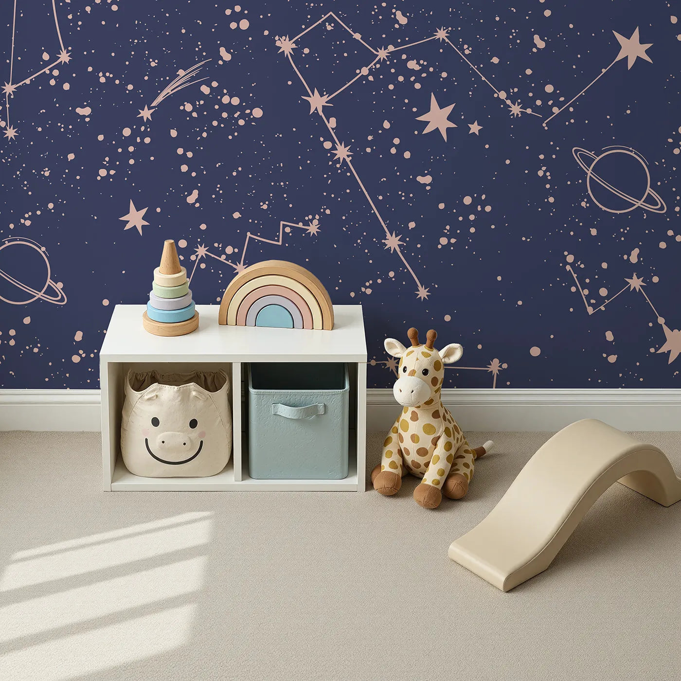 Top-down view of Whimsy Tots' Rose Gold Constellations Wall Mural (Turn Their Room into a Chic and Starry Cosmos).Gender-Neutral