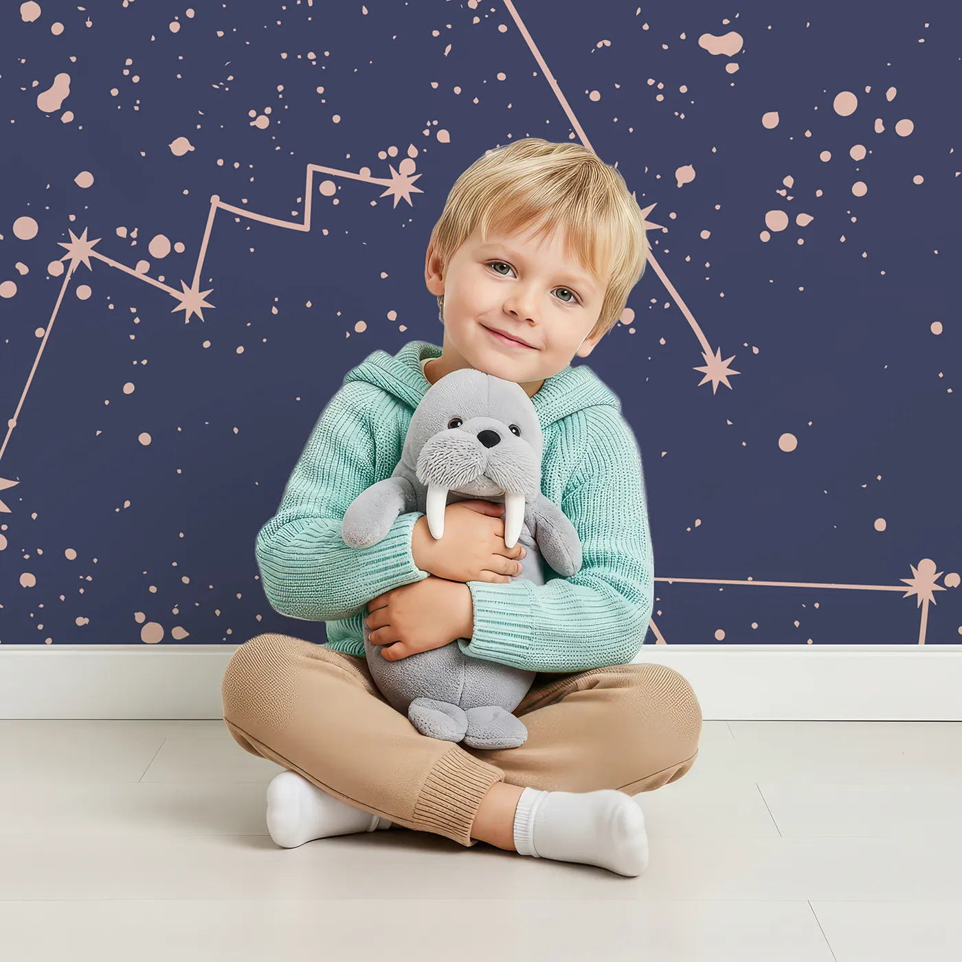 Child in front of Whimsy Tots Rose Gold Constellations Wall Mural with star, constellation, space, pink, navy, galaxy, celestial, planet in design.