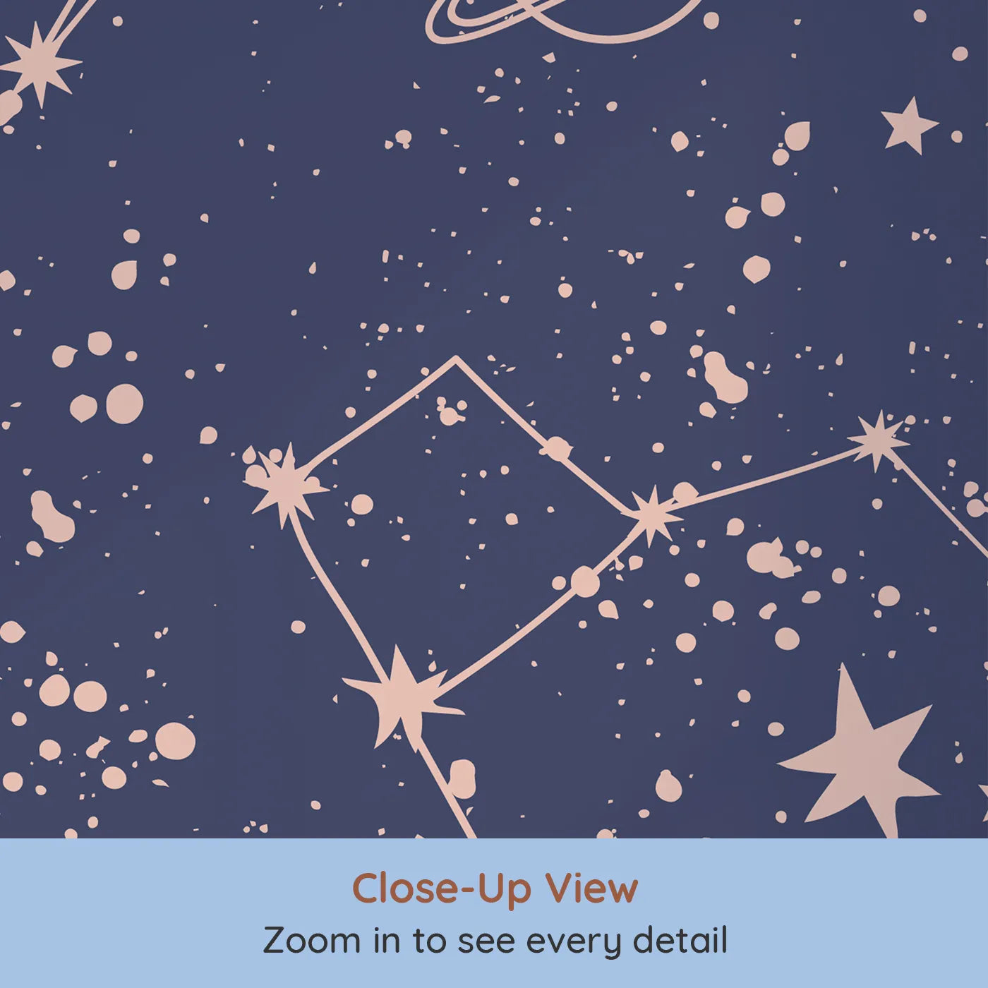 Close-up view of Whimsy Tots' Rose Gold Constellations Wall Mural (Turn Their Room into a Chic and Starry Cosmos).Gender-Neutral