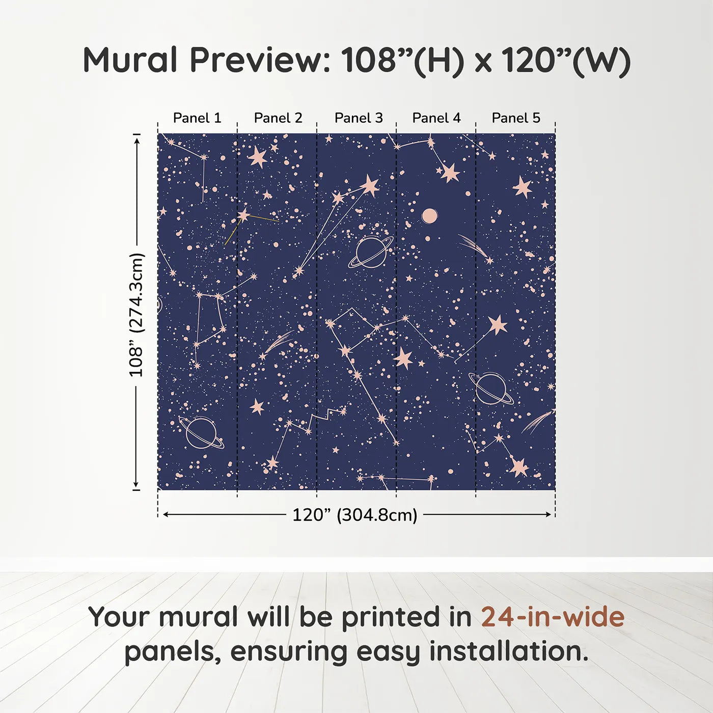 Whimsy Tots Rose Gold Constellations Wall Muraldimension view (108" H x 120" W). Printed in five 24-inch-wide panels. Gender-Neutral