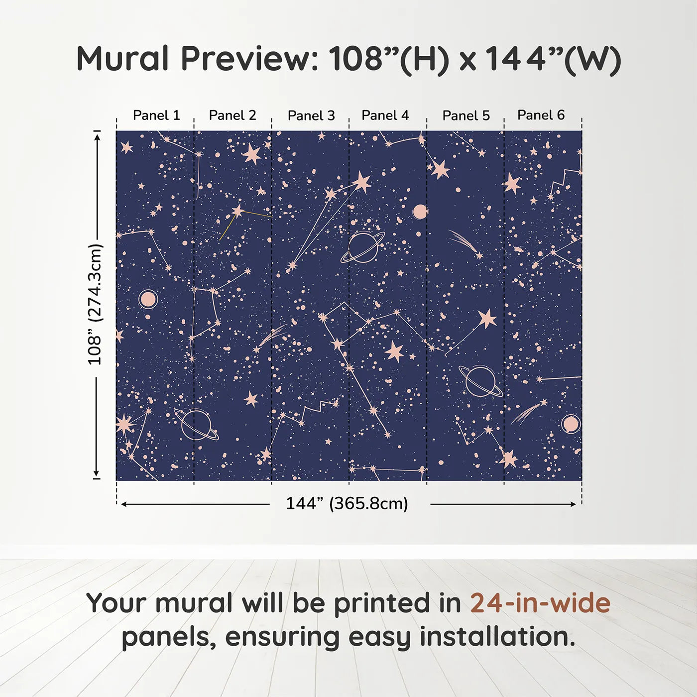 Whimsy Tots Rose Gold Constellations Wall Muraldimension view (108" H x 144" W). Printed in six 24-inch-wide panels. Gender-Neutral