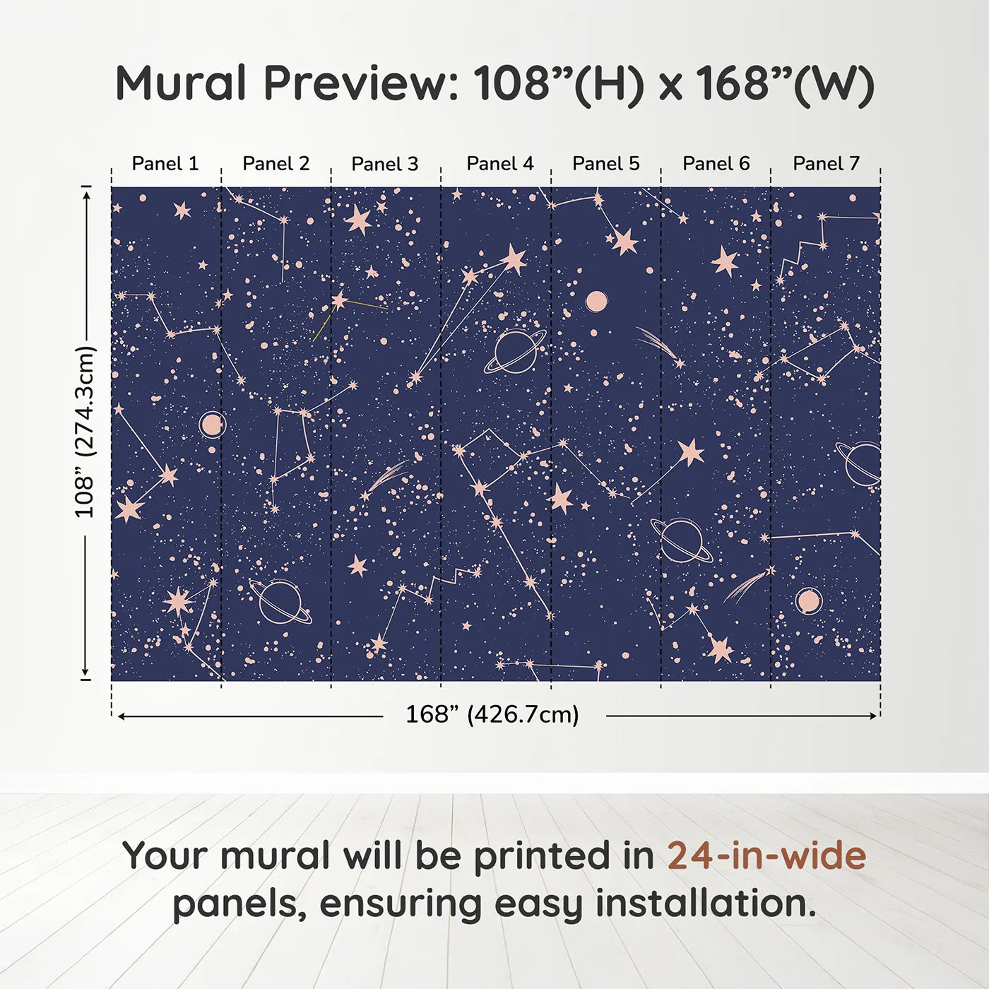 Whimsy Tots Rose Gold Constellations Wall Muraldimension view (108" H x 168" W). Printed in seven 24-inch-wide panels. Gender-Neutral