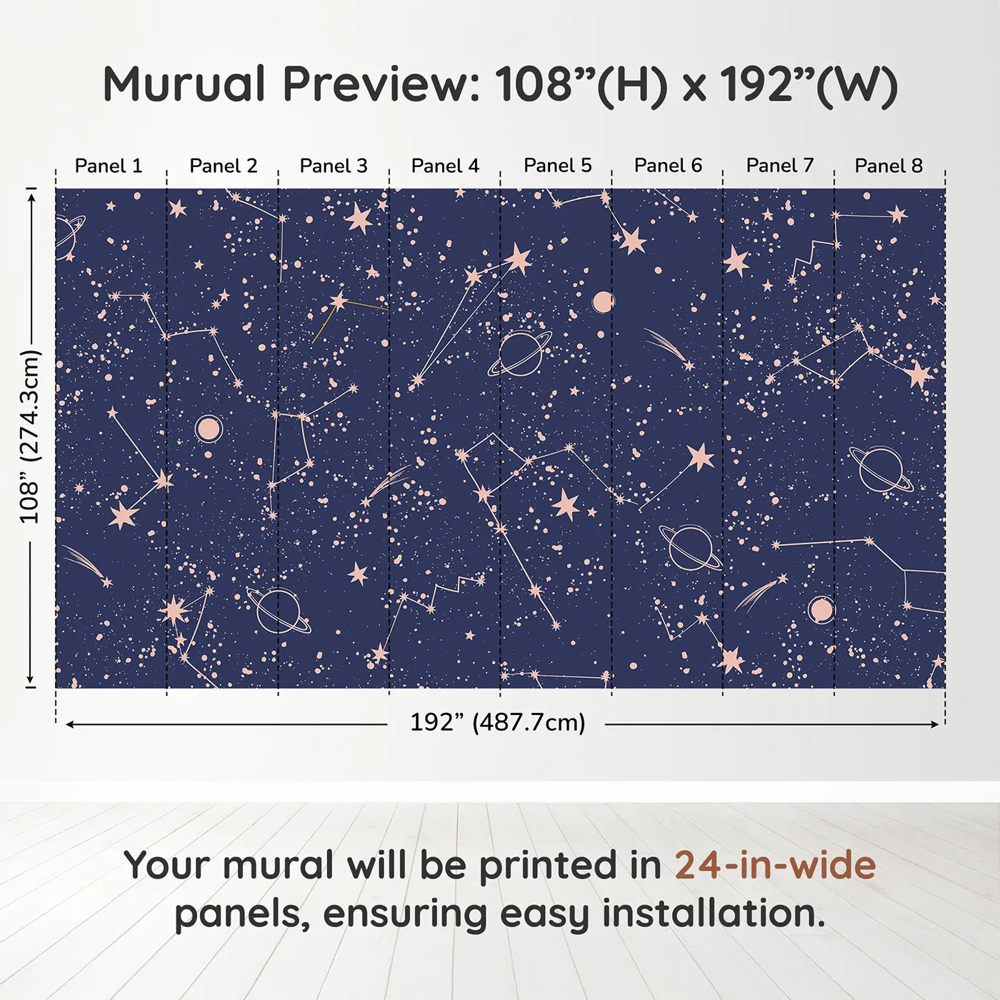 Whimsy Tots Rose Gold Constellations Wall Muraldimension view (108" H x 192" W). Printed in eight 24-inch-wide panels. Gender-Neutral
