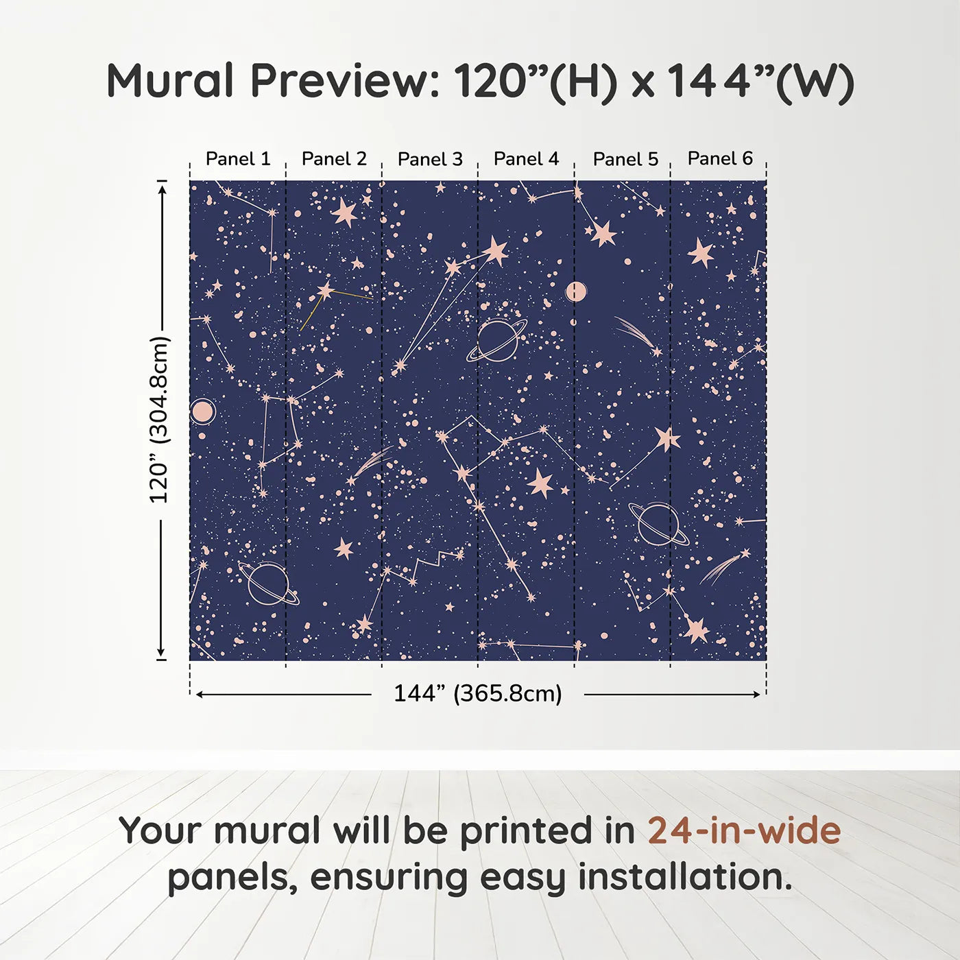 Whimsy Tots Rose Gold Constellations Wall Muraldimension view (120" H x 144" W). Printed in six 24-inch-wide panels. Gender-Neutral