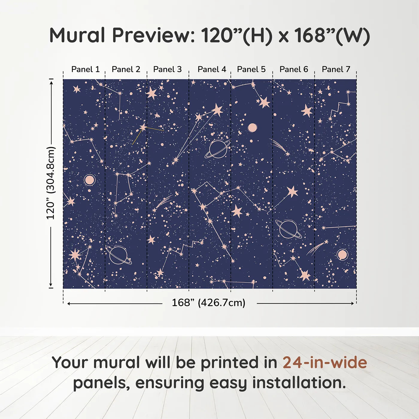 Whimsy Tots Rose Gold Constellations Wall Muraldimension view (120" H x 168" W). Printed in seven 24-inch-wide panels. Gender-Neutral