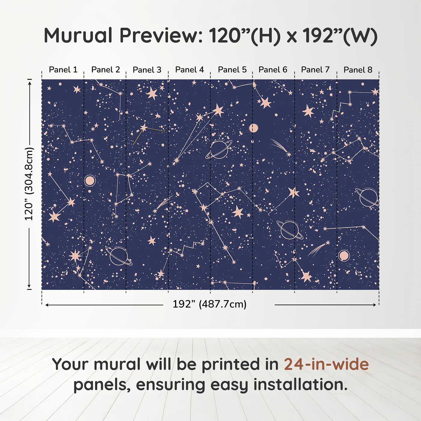 Whimsy Tots Rose Gold Constellations Wall Muraldimension view (120" H x 192" W). Printed in eight 24-inch-wide panels. Gender-Neutral