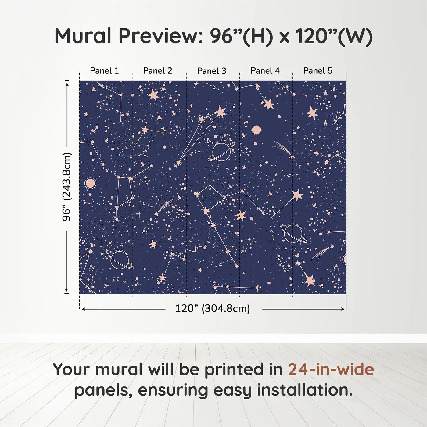 Whimsy Tots Rose Gold Constellations Wall Muraldimension view (96" H x 120" W). Printed in five 24-inch-wide panels. Gender-Neutral