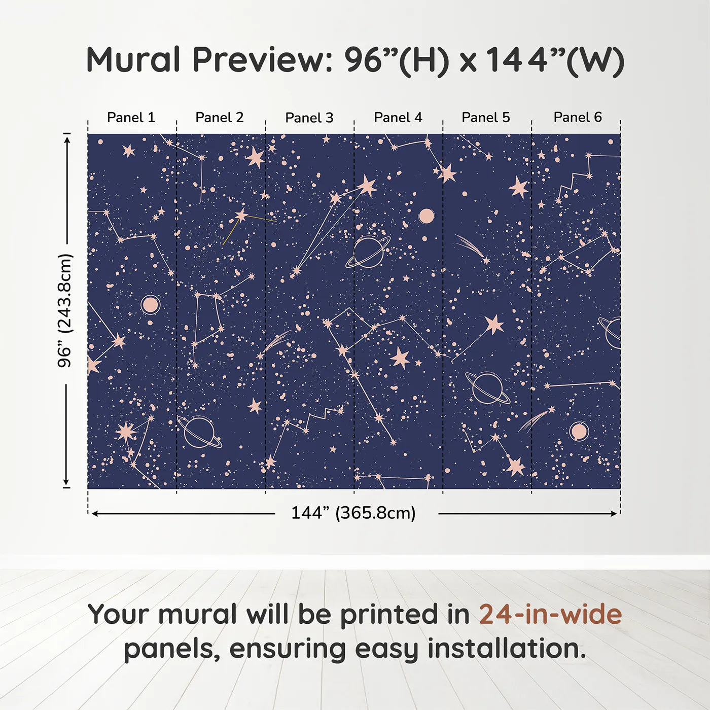 Whimsy Tots Rose Gold Constellations Wall Muraldimension view (96" H x 144" W). Printed in six 24-inch-wide panels. Gender-Neutral