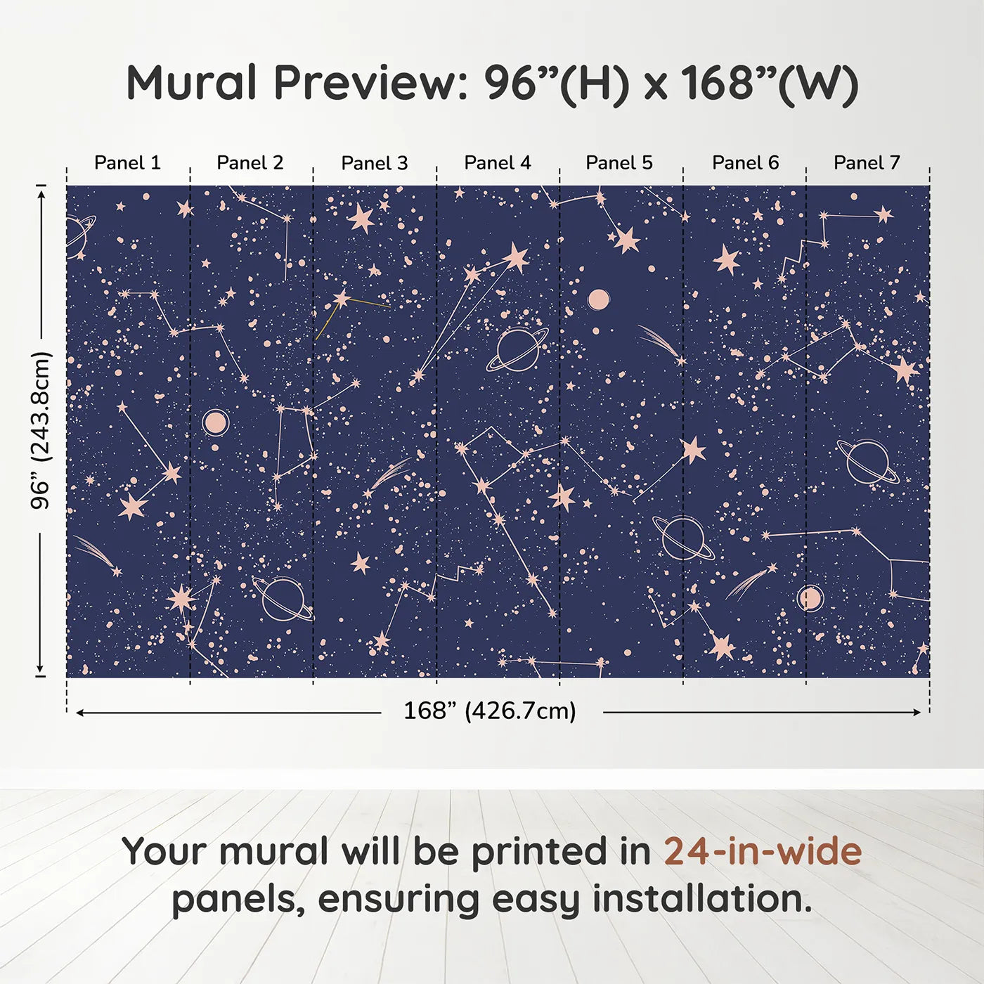 Whimsy Tots Rose Gold Constellations Wall Muraldimension view (96" H x 168" W). Printed in seven 24-inch-wide panels. Gender-Neutral