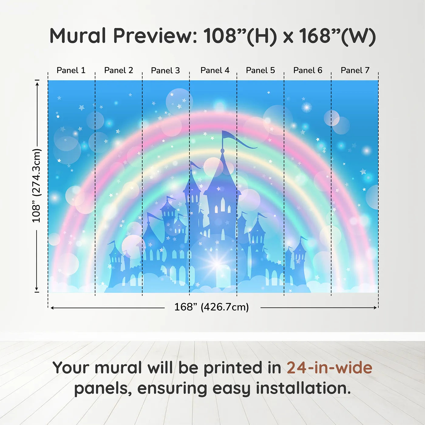 Whimsy Tots Magical Rainbow Castle Wall Muraldimension view (108" H x 168" W). Printed in seven 24-inch-wide panels. Best for Girls